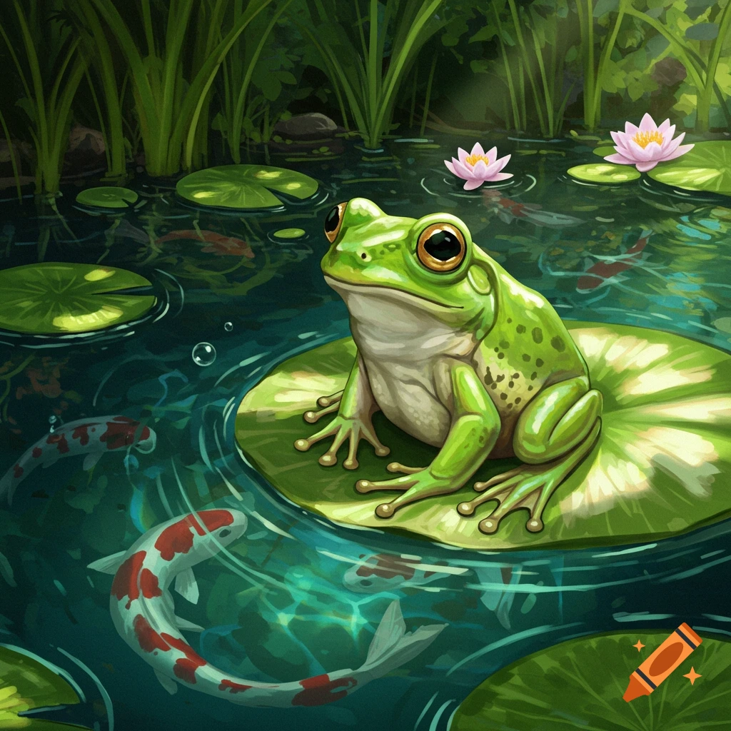 A detailed illustration of a bright green frog sitting on a lily pad in a pond with koi fish, pink water lilies, and tall green reeds.