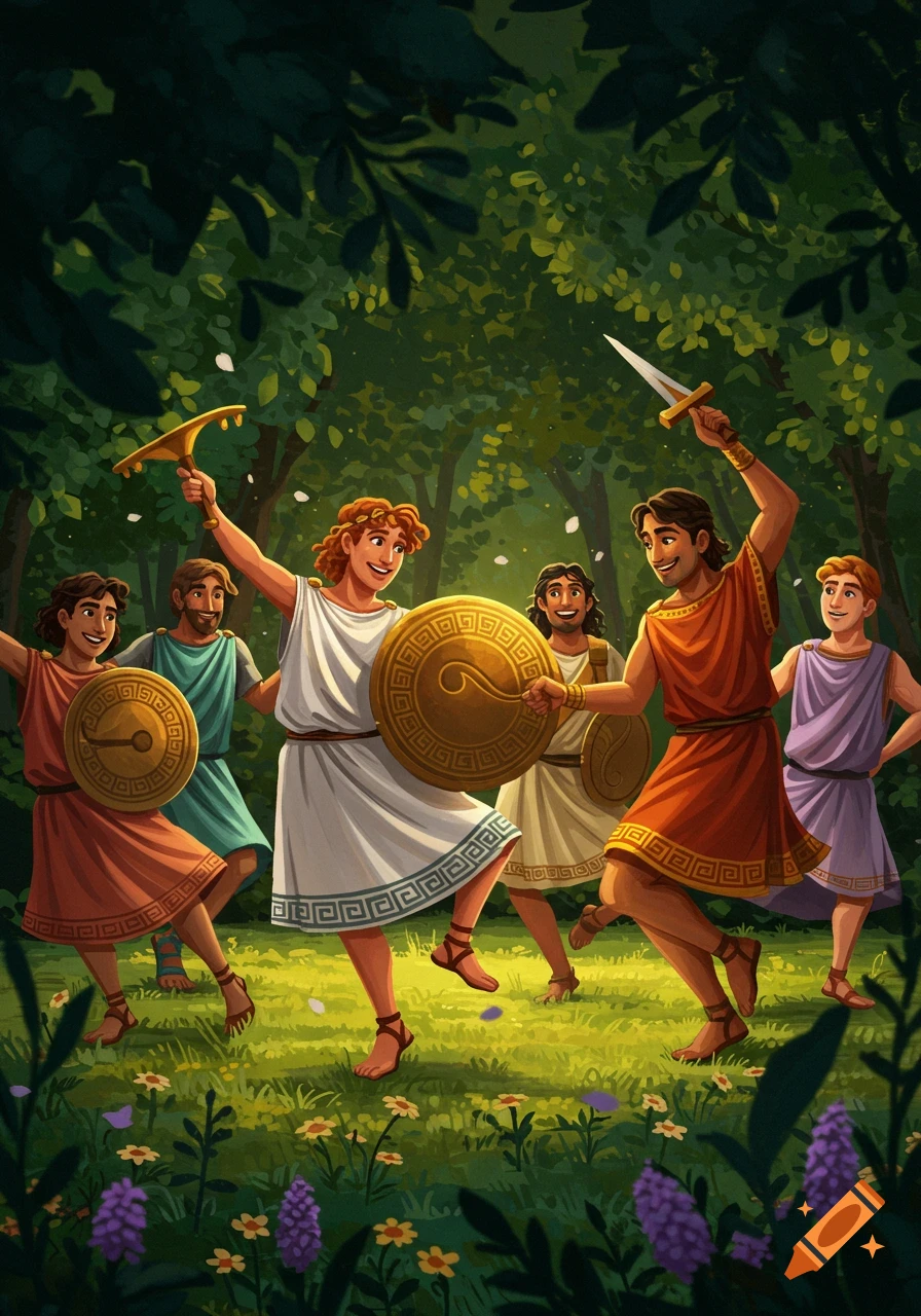 Group of men in ancient Greek tunics and sandals dancing with shields and a dagger in a vibrant, animated forest.