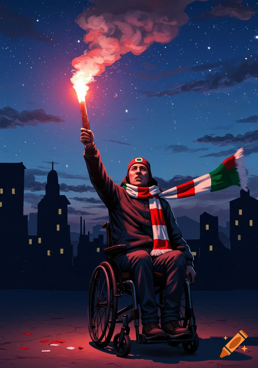 Digital illustration of a man in a wheelchair holding a lit flare, wearing a red, white, and green scarf against a night cityscape.