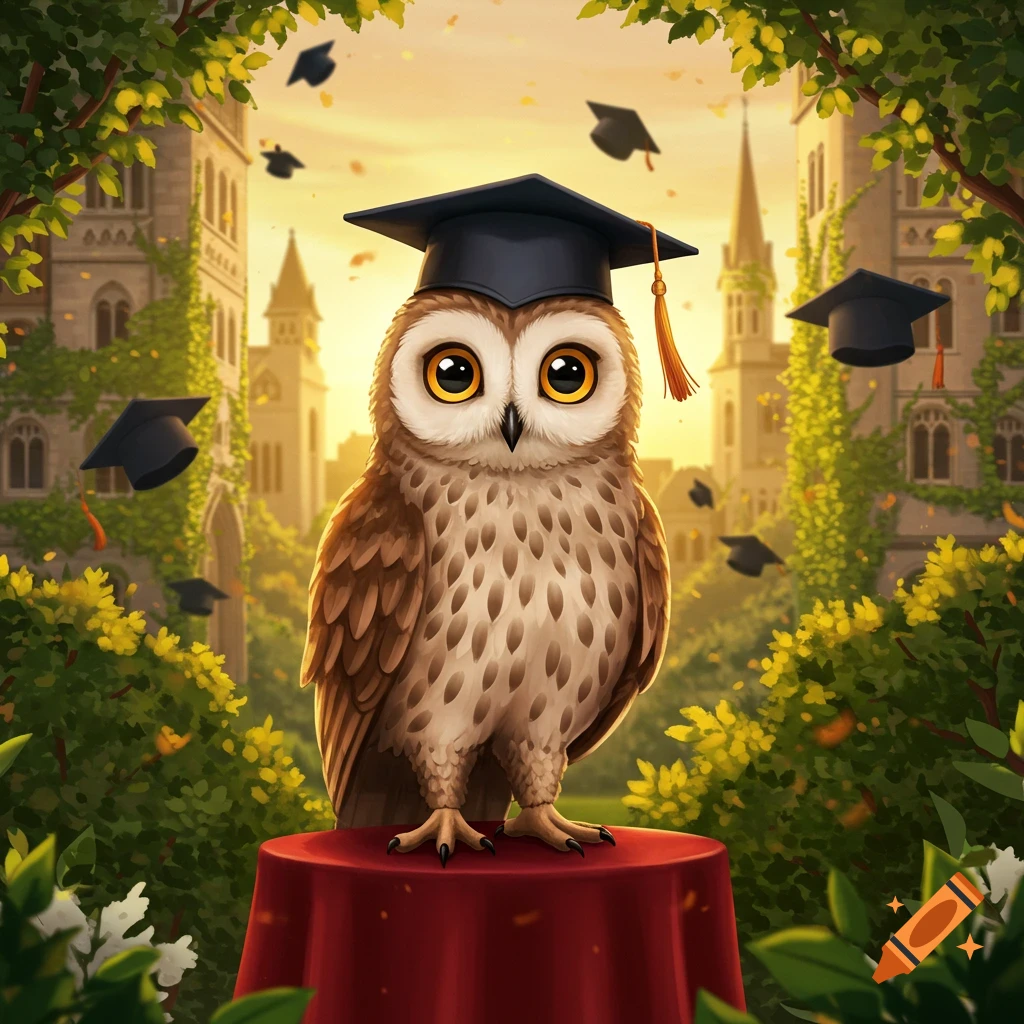 A stylized owl wearing a graduation cap stands on a podium in front of a university building with flying caps.