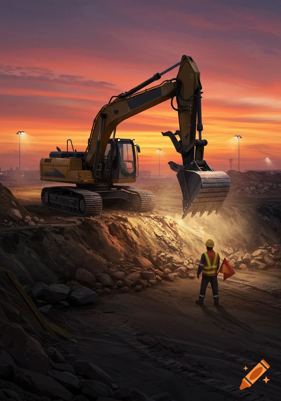 A large yellow excavator and a construction worker with a flag at a sunset construction site.
