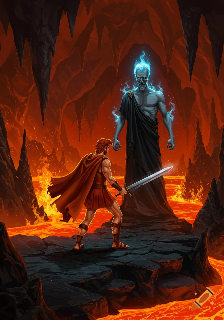 Hercules, armed with a sword, confronts a towering Hades amidst a fiery, lava-filled cavern in a stylized illustration.