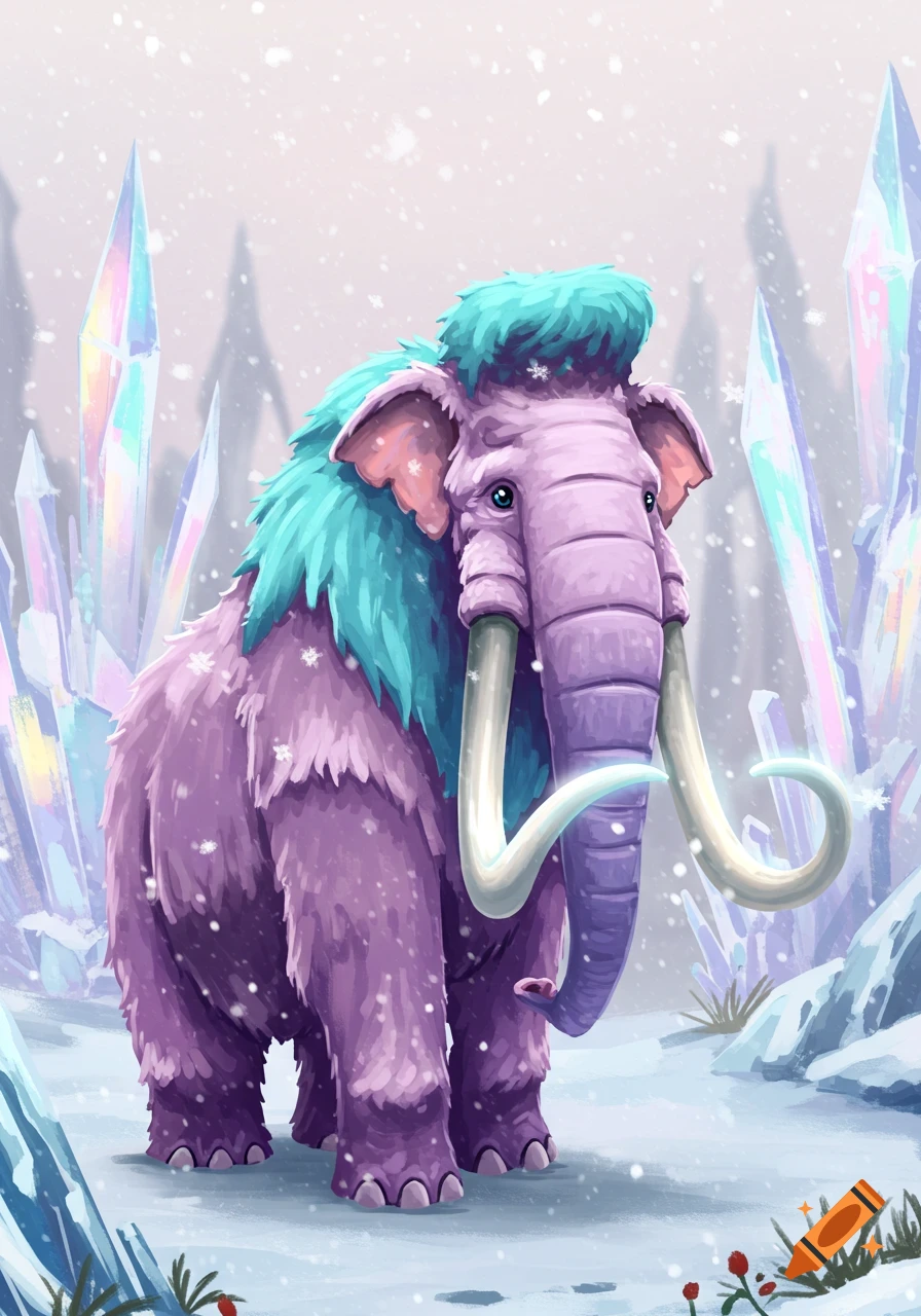 A whimsical illustration of a purple and teal woolly mammoth standing in a snowy landscape with glowing ice crystals.