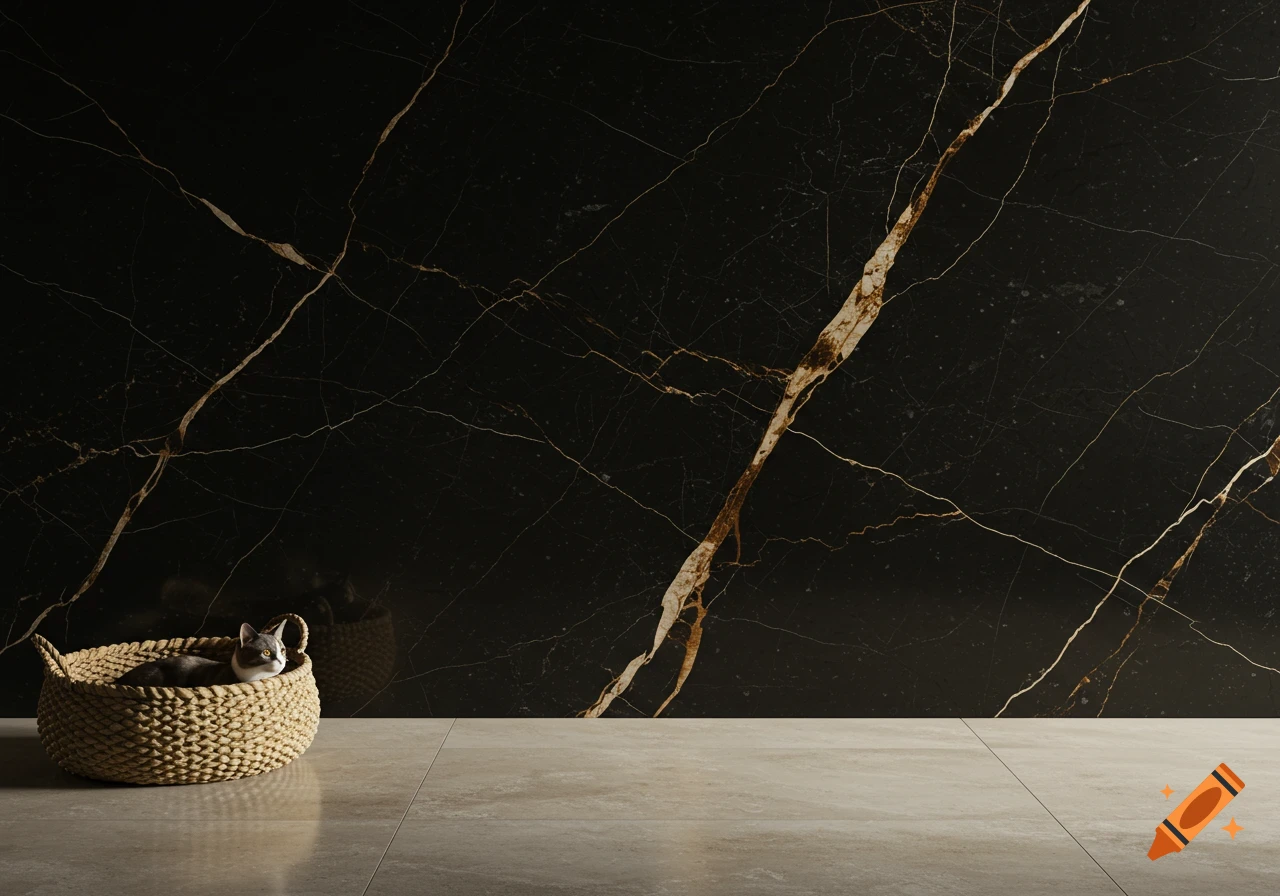 A cat rests in a woven basket on a tiled floor, against a glossy black marble wall with gold veins in a luxurious modern interior.