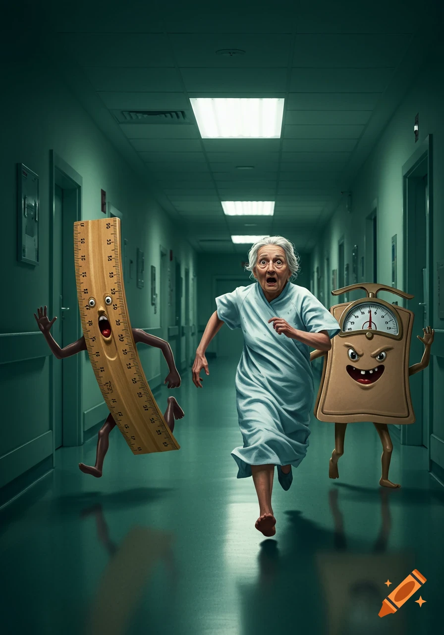 A terrified elderly patient in a hospital gown runs down a hallway from an anthropomorphic ruler and weighing scales.
