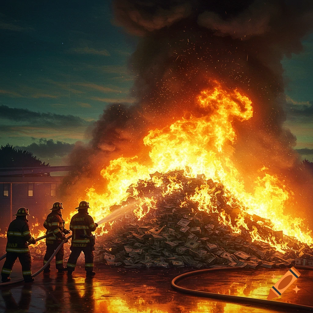 Three firefighters spray water on a massive pile of burning money, creating a huge fire with smoke rising into the dark, cloudy sky.