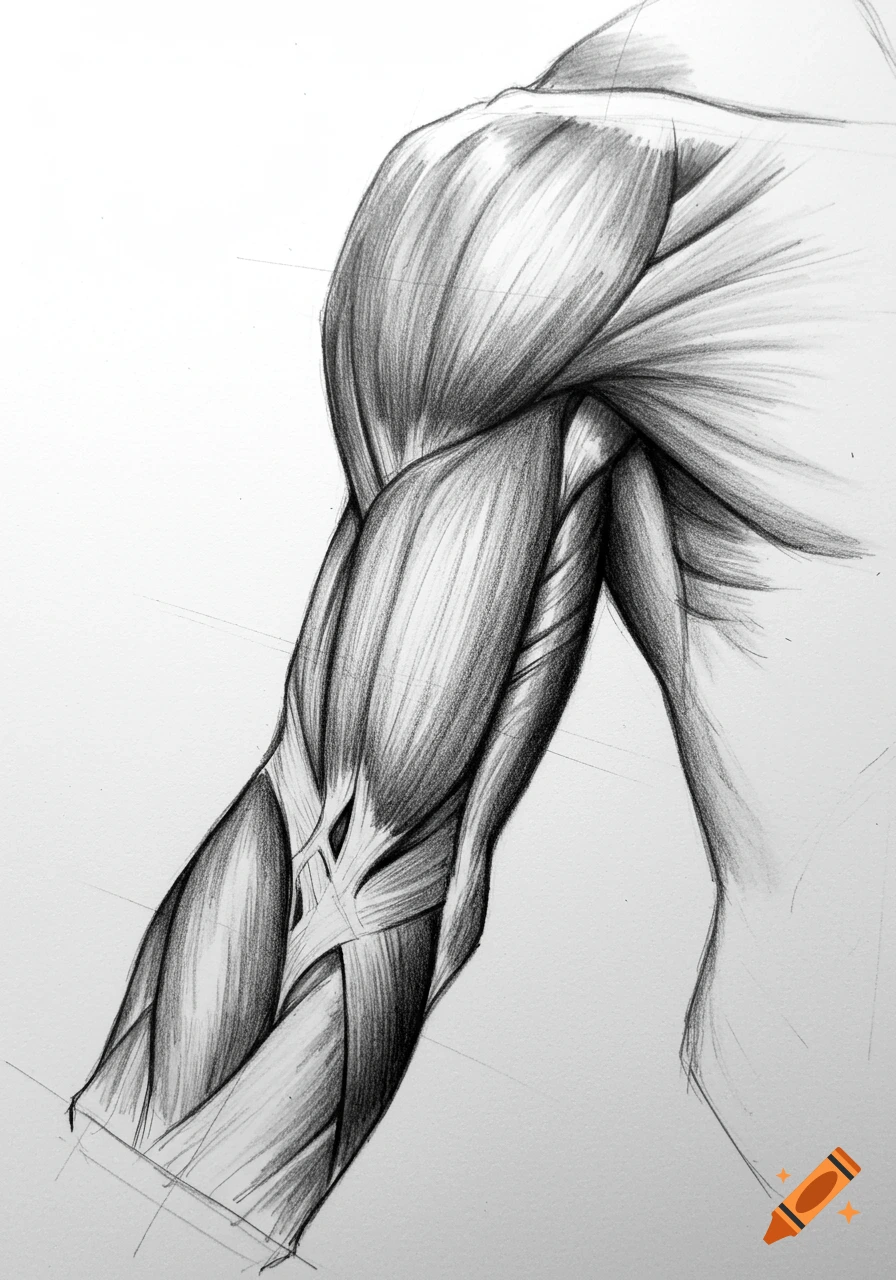 Detailed monochrome pencil drawing of human arm and shoulder muscles.