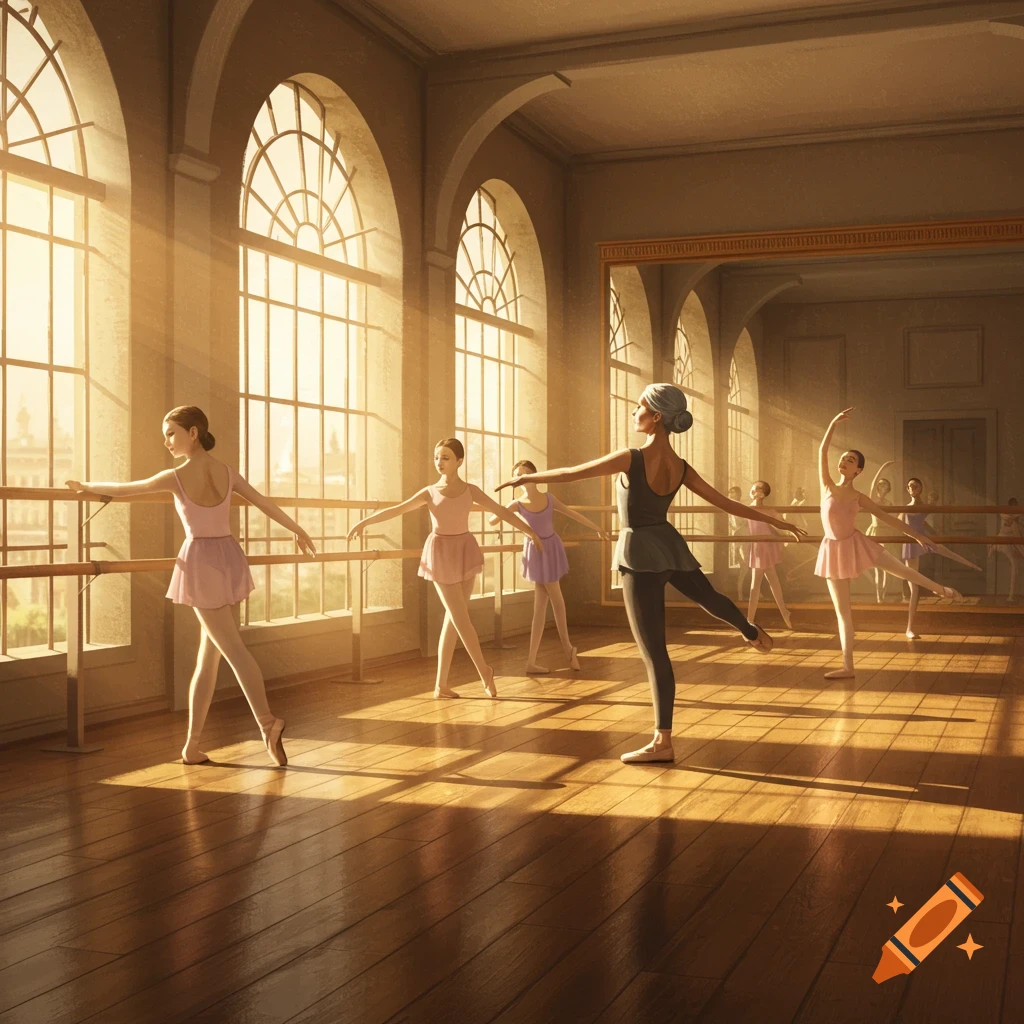 Ballerinas in a sunlit studio practice at a barre and in the center, reflected in mirrors.