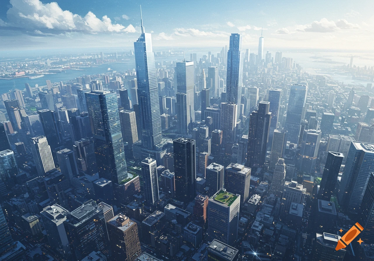 Photorealistic aerial view of a sprawling modern city with numerous skyscrapers under a bright sky with scattered clouds.