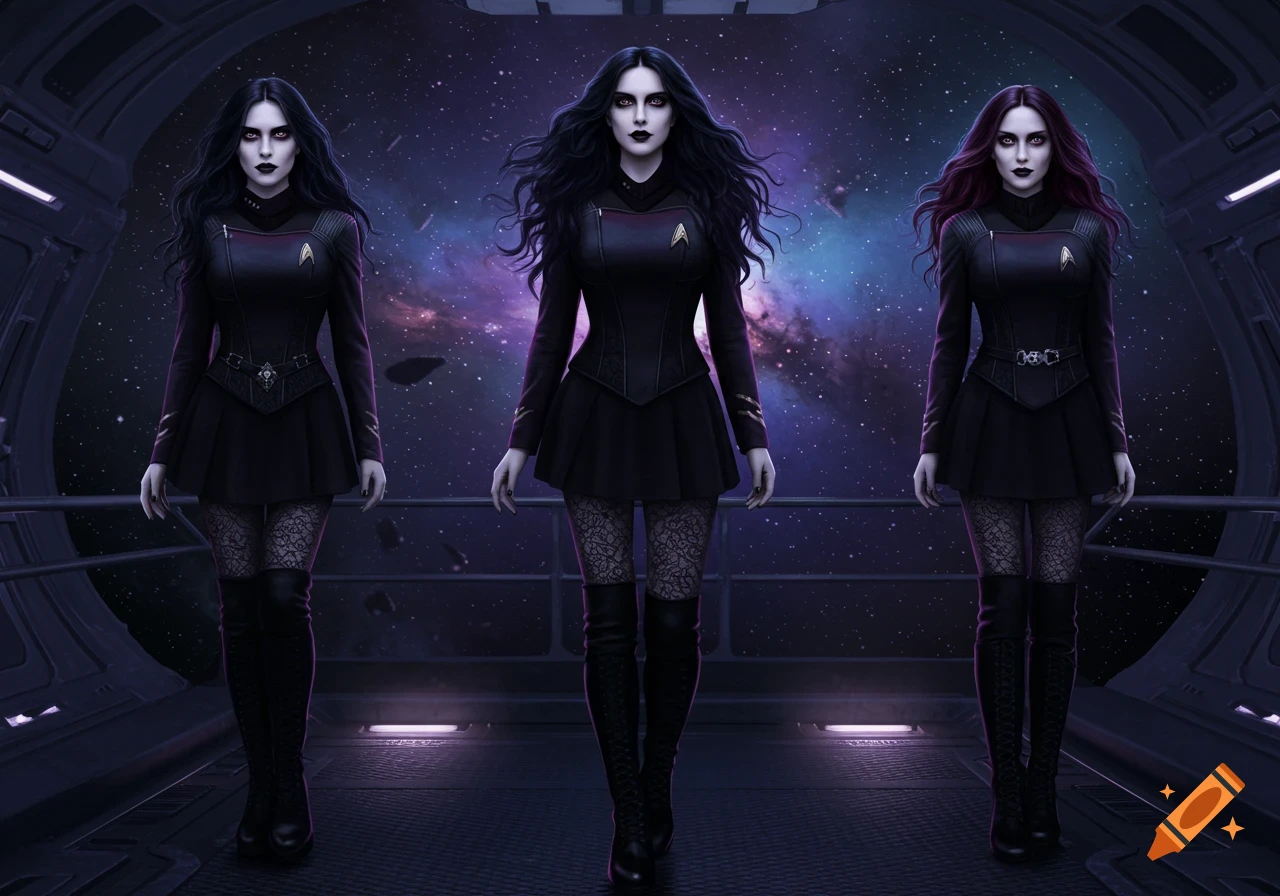 Three goth women in dark Star Trek uniforms stand in a spaceship corridor with a starry galaxy background.