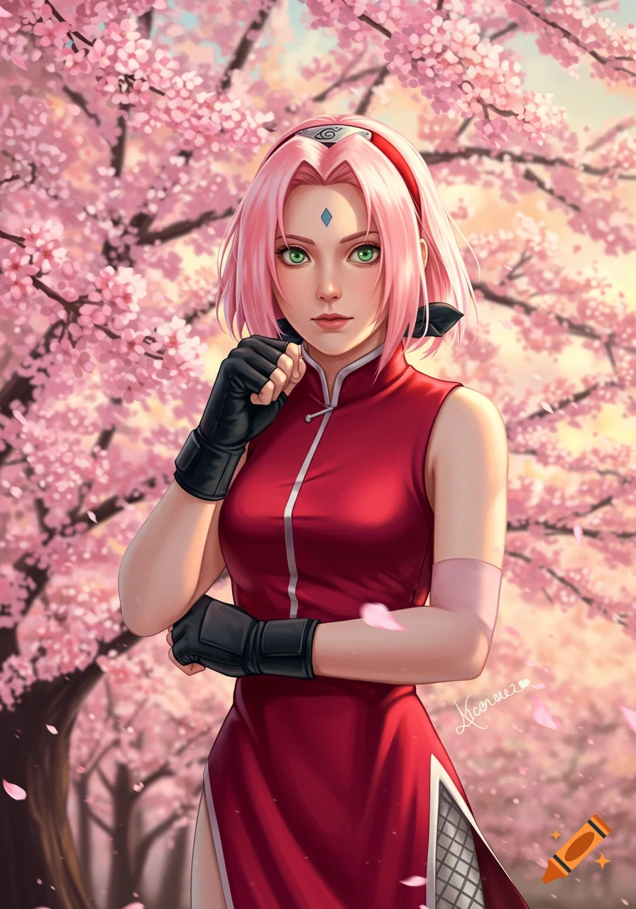 Sakura Haruno in her red outfit, posing under pink cherry blossom trees in a detailed anime illustration.
