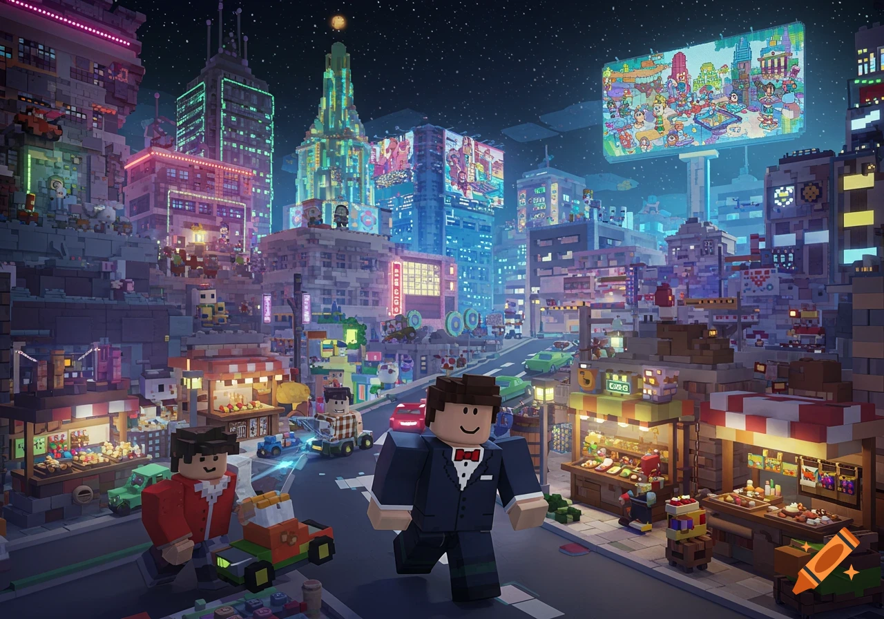 A vibrant voxel art city at night with blocky characters, shops, and glowing billboards, in a style reminiscent of Roblox.