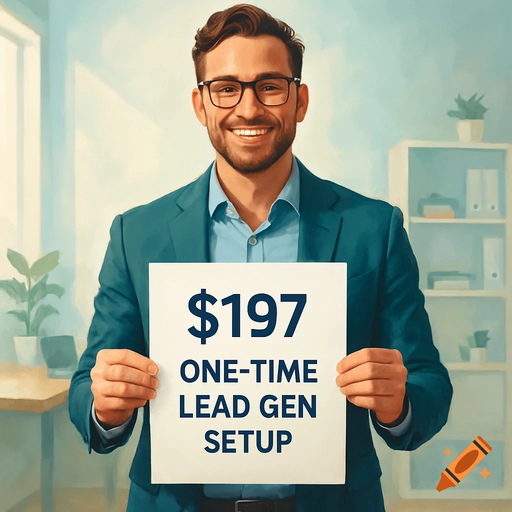 A smiling businessman in an office holds a sign that reads '$197 ONE-TIME LEAD GEN SETUP'.
