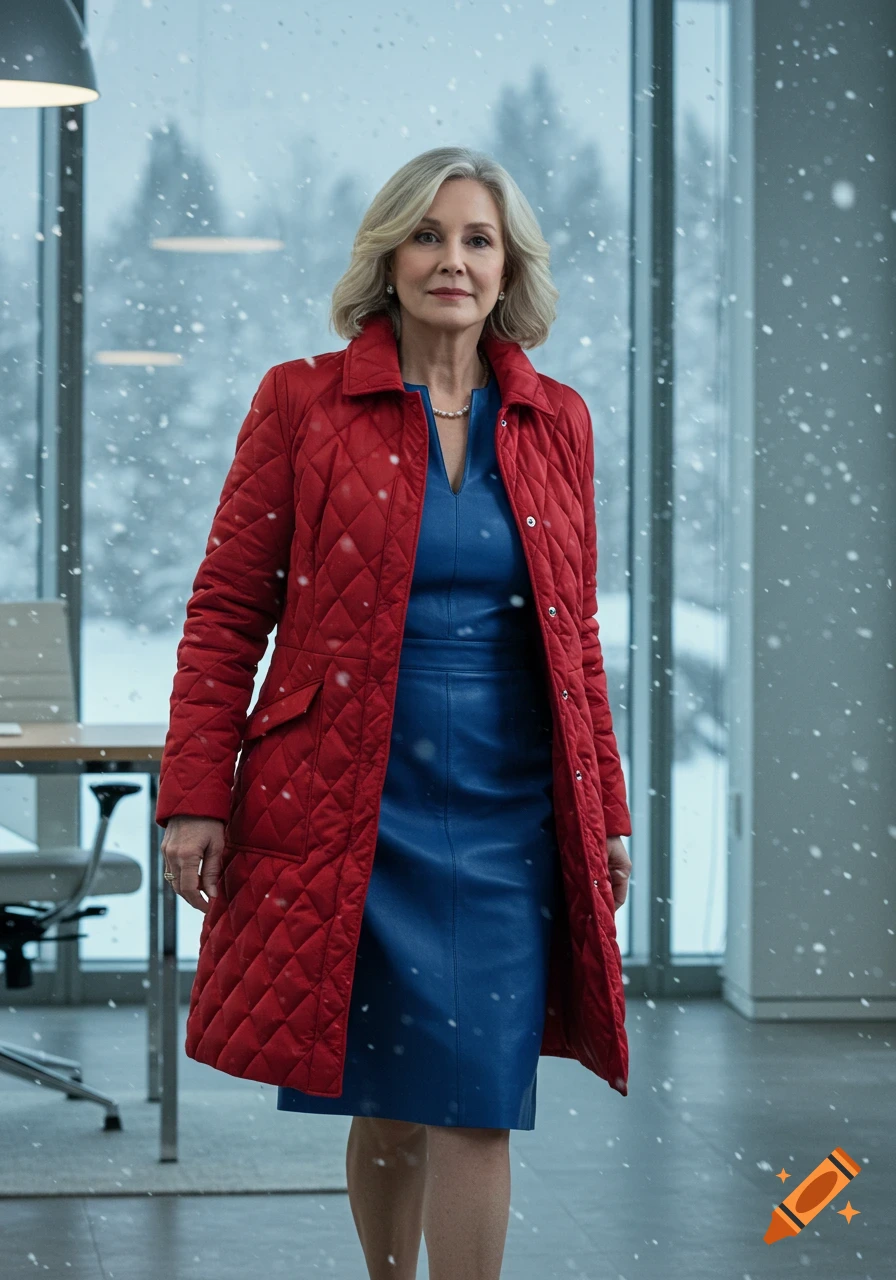 A photorealistic image of a woman with gray hair wearing a red quilted coat over a blue leather dress, standing in an office with snow falling outside large windows.