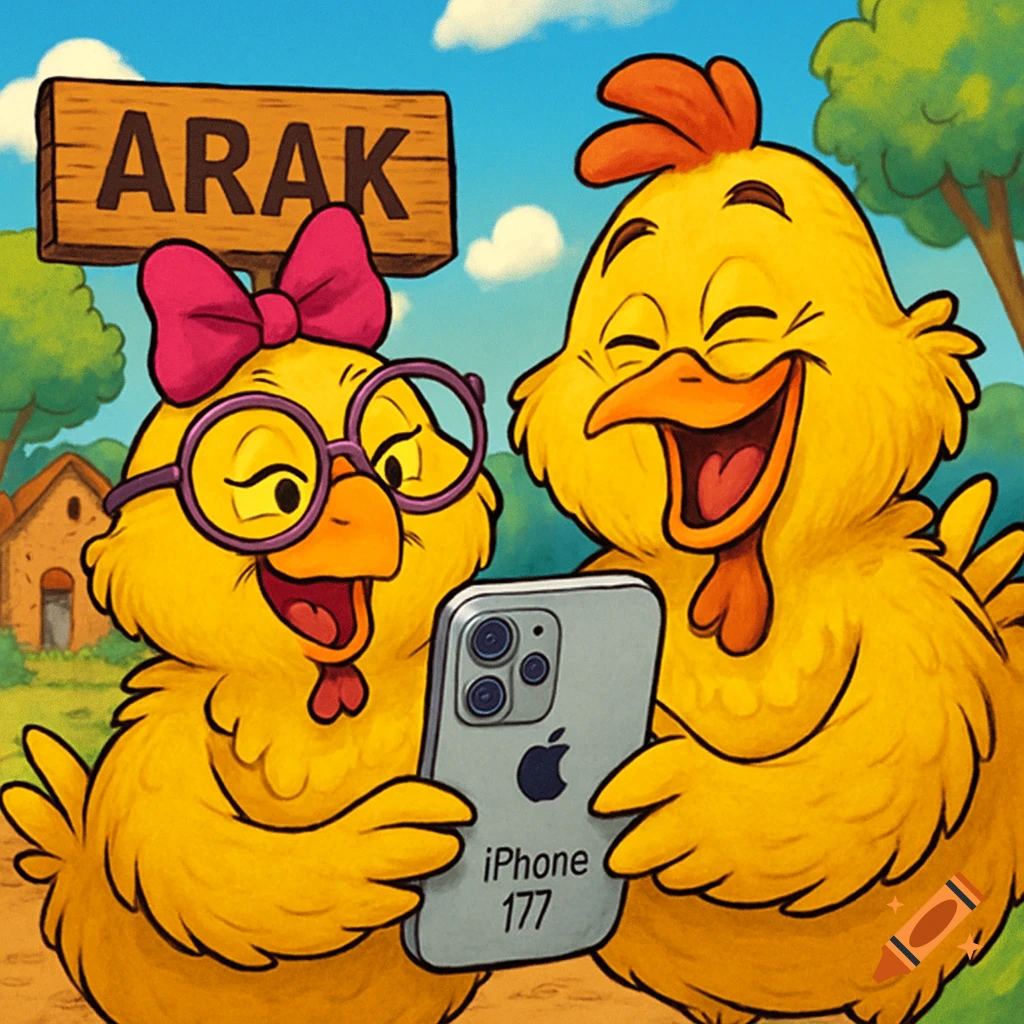Two happy cartoon yellow chickens, one with glasses and a bow, holding a smartphone with "iPhone 177" on it, standing in a rural setting with a sign "ARAK".