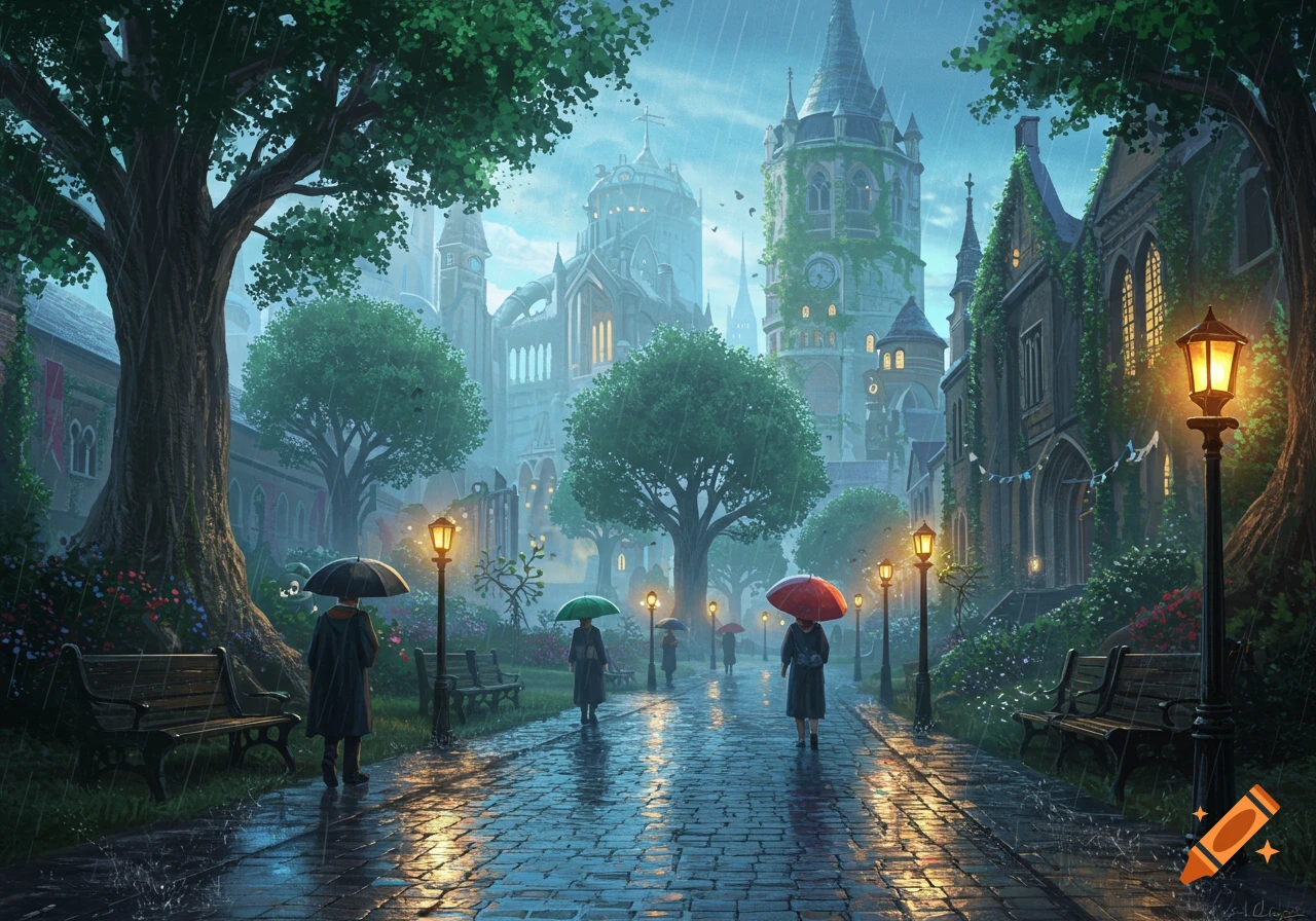 People with umbrellas walk on a wet cobblestone path in a rainy, fantastical city street lined with gothic buildings and glowing lanterns.