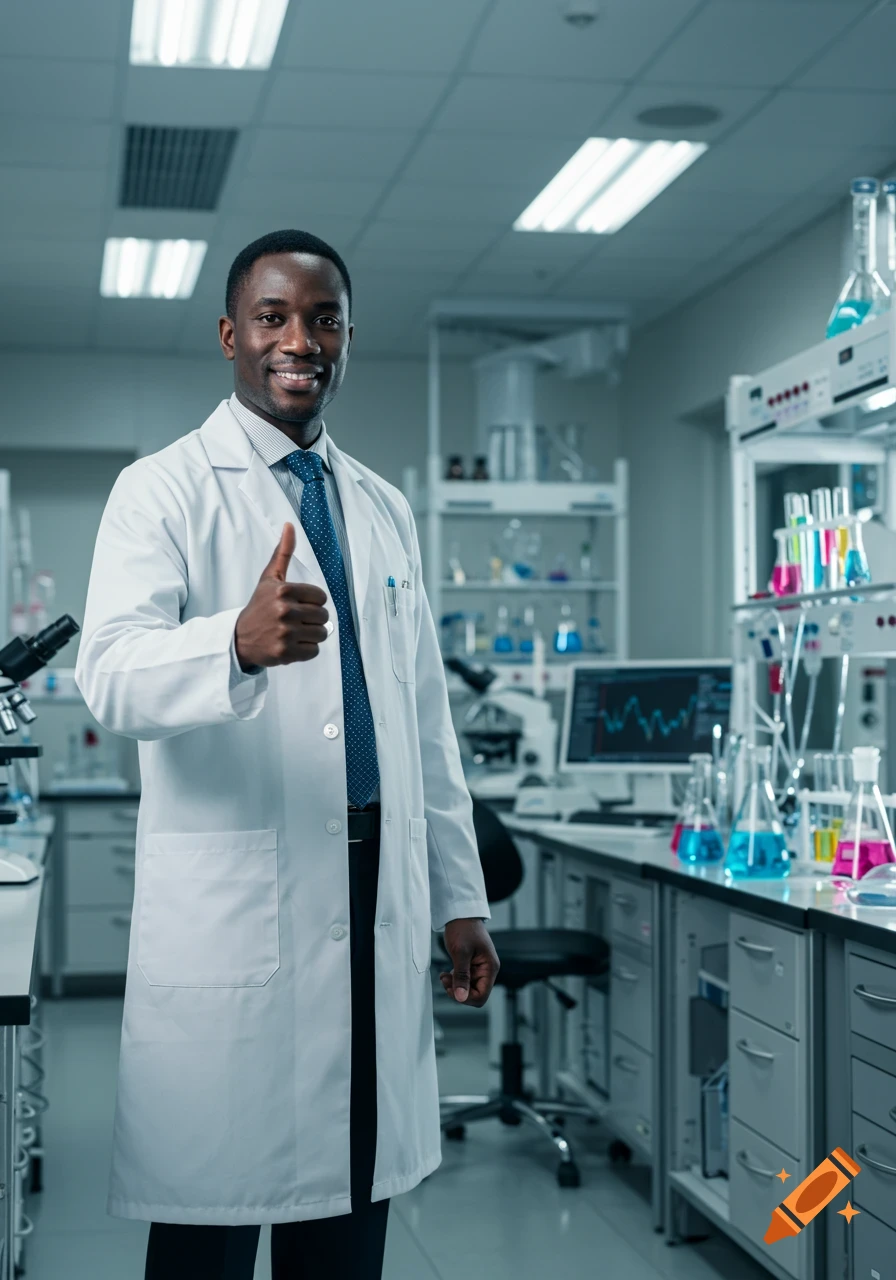 A smiling Black male scientist in a white lab coat gives a thumbs up in a modern, well-equipped laboratory. Photorealistic.