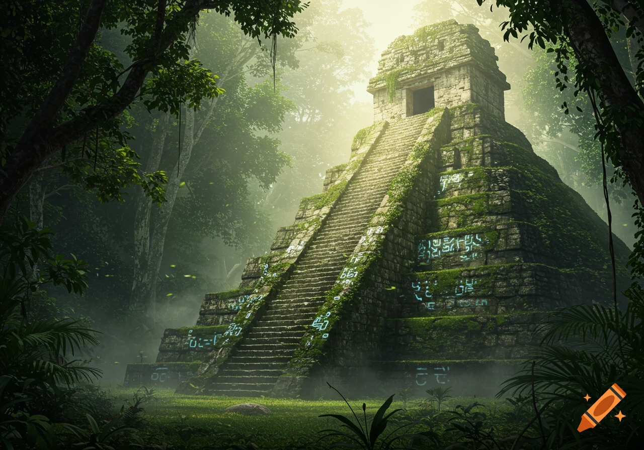 A moss-covered Mayan ziggurat with glowing blue arcane symbols in a misty, sunlit jungle. Photorealistic.