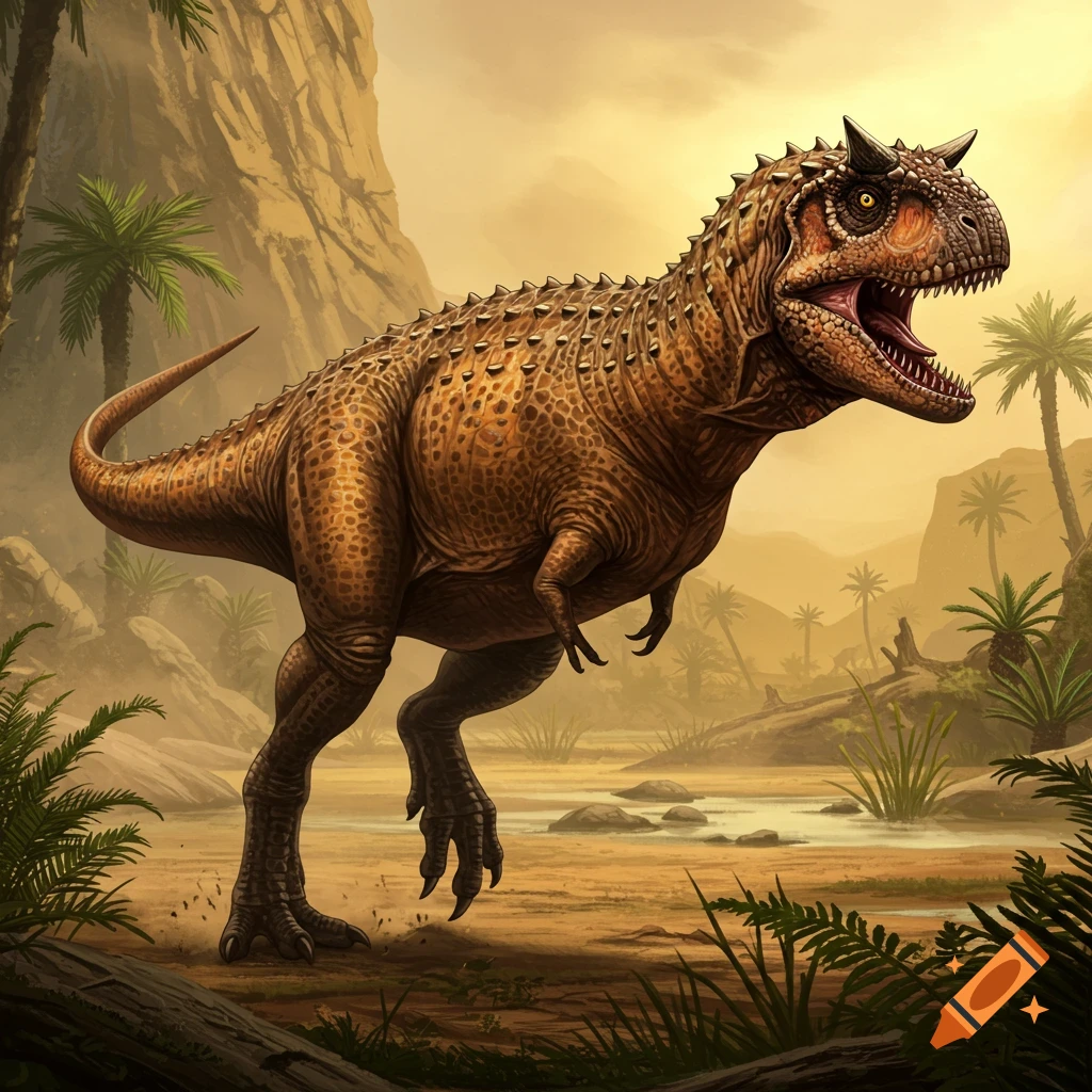 A detailed painting shows a brown Carnotaurus dinosaur roaring in a prehistoric jungle with mountains, palm trees, and water.