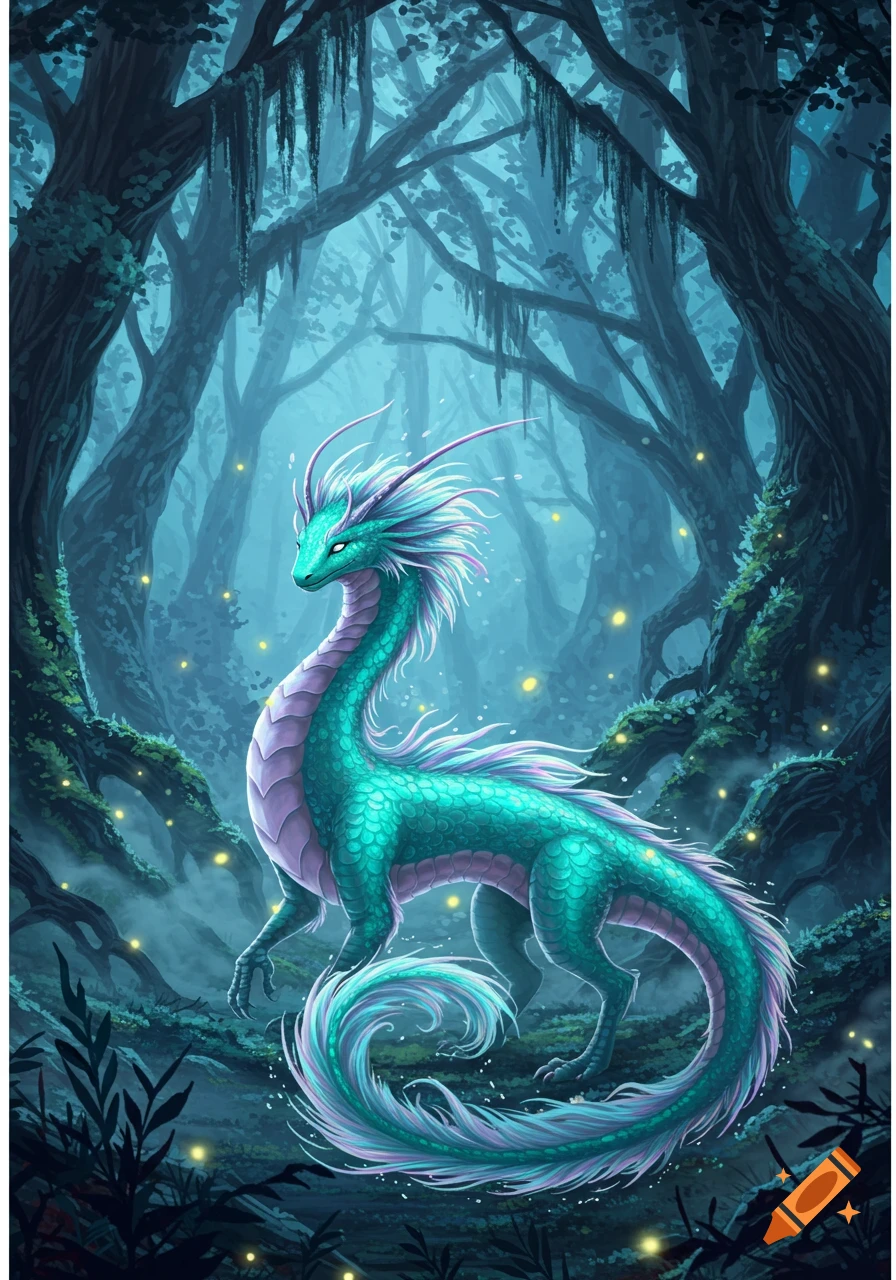 A vibrant turquoise and purple fantasy dragon stands in a dark, mystical forest illuminated by glowing fireflies, rendered in an illustrative style.
