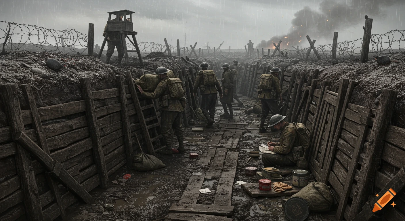 A dark, gritty, realistic World War I trench scene with Canadian soldiers amid mud, barbed wire, and distant artillery explosions.