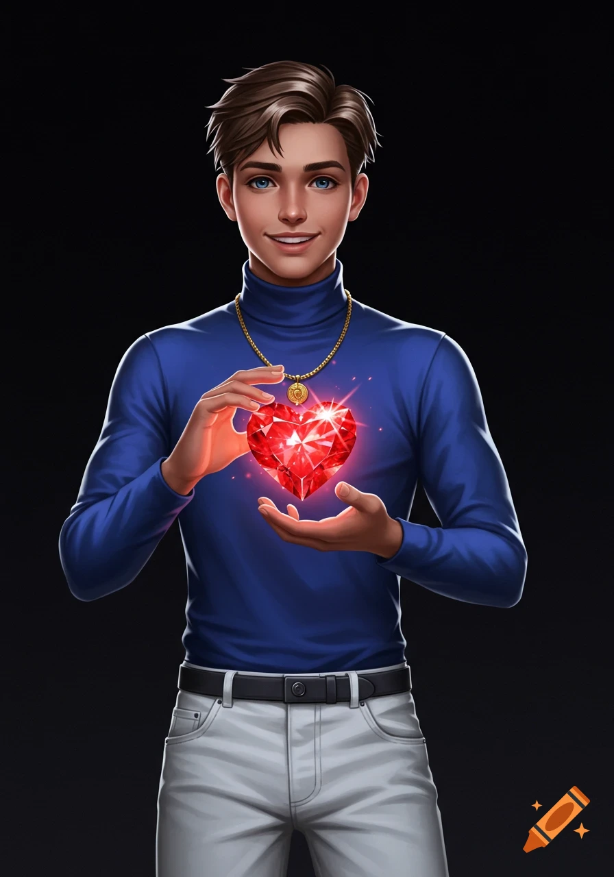 Smiling teenage boy in a blue turtleneck and white jeans holds a glowing red heart-shaped diamond on a dark background. Digital art.