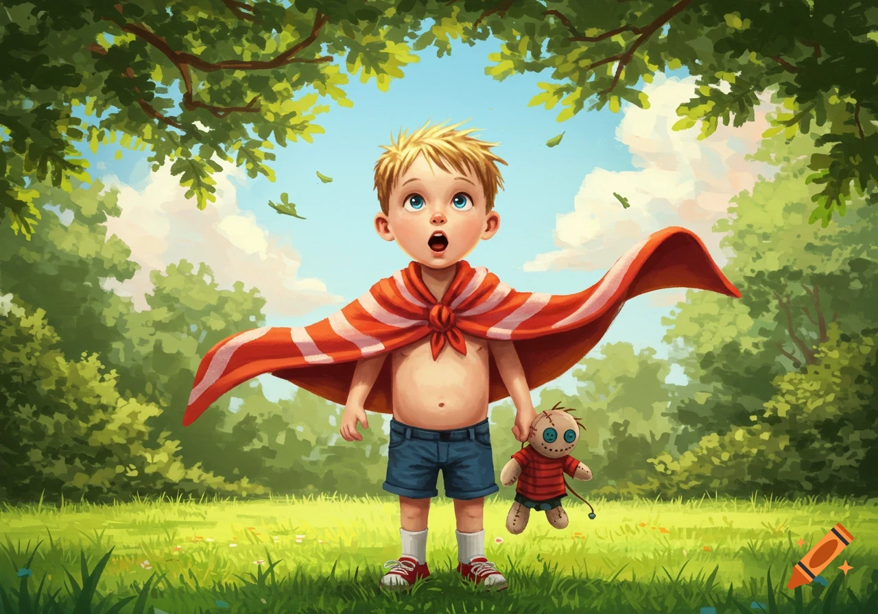 A wide-eyed young boy in a striped towel cape and shorts stands in a sunny grassy field, holding a rag doll and looking up.
