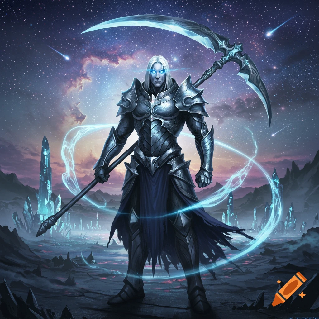 A white-haired warrior in dark, ornate armor with glowing blue eyes holds a large scythe under a starry sky with meteorites and crystalline spires.