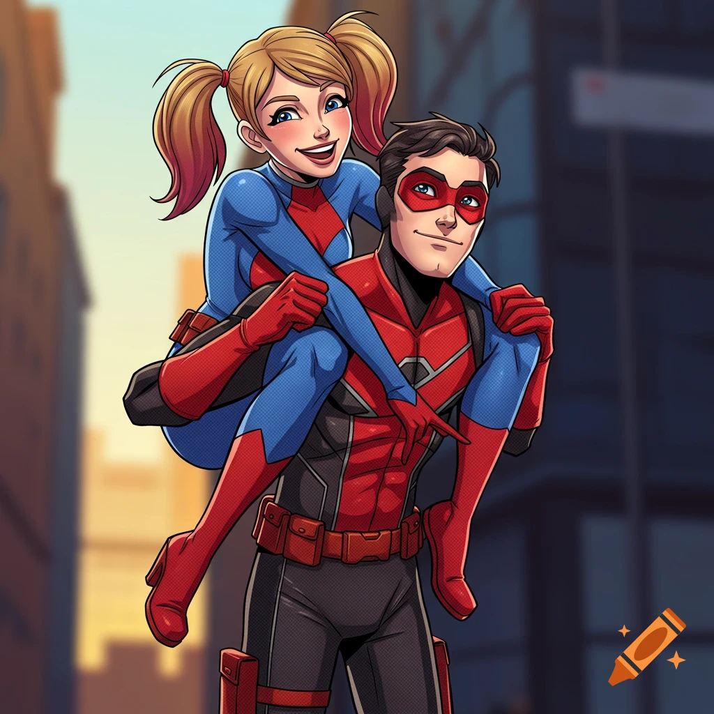 Comic art of a smiling blonde woman in a red and blue superhero suit riding on the shoulders of a masked man in a red and black superhero suit, urban background.