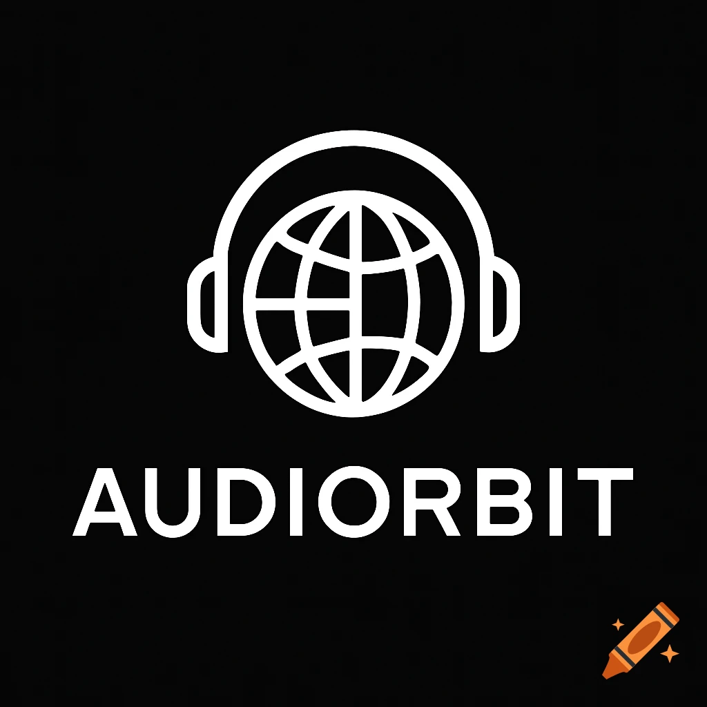 Minimalist logo with a white globe wearing headphones above the word AUDIORBIT on a black background.