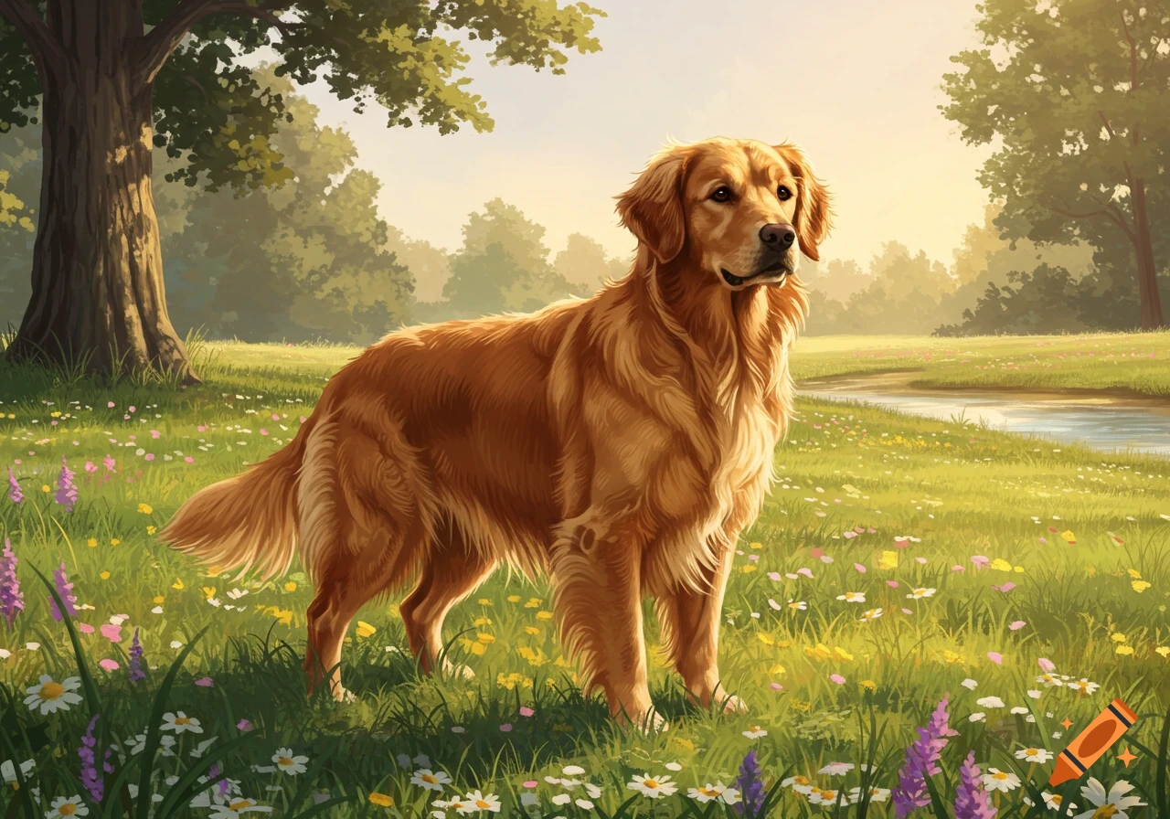Illustrated golden retriever standing in a sunny meadow with colorful ...