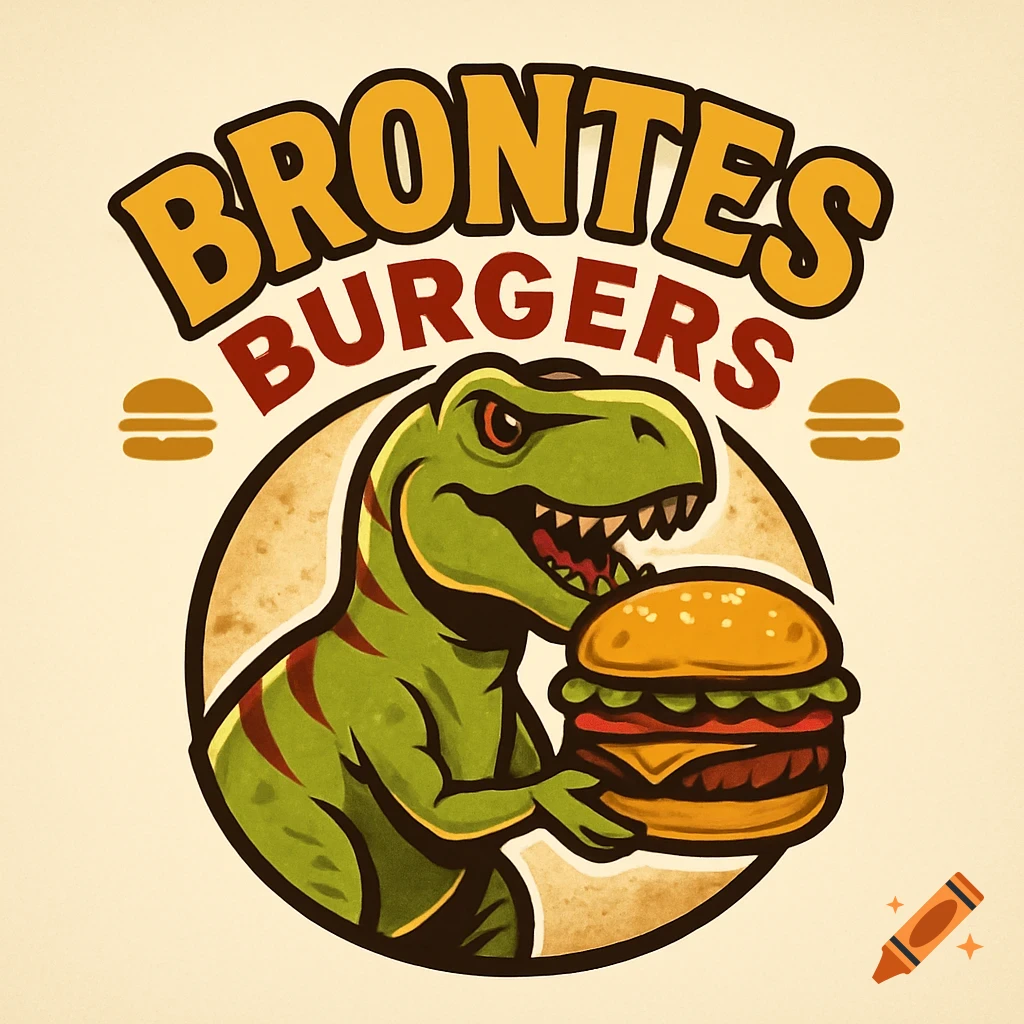 Cartoon logo with a green dinosaur holding a burger, above text reads 'Brontes Burgers'.