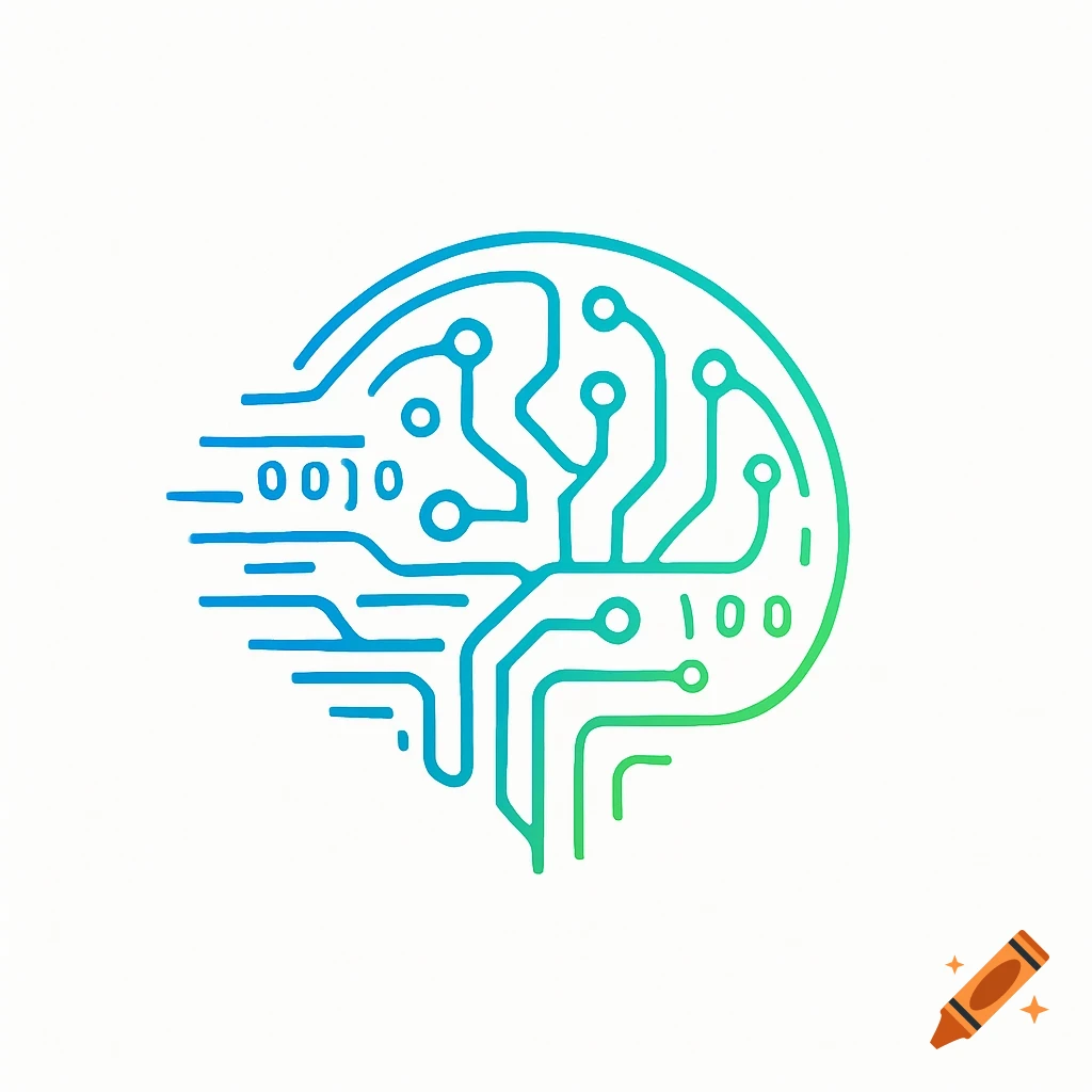A stylized logo of a brain made of blue and green circuit traces and binary code, representing AI.