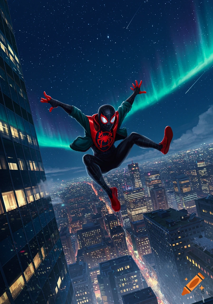 Miles Morales in his Spider-Man suit leaps through a futuristic cityscape at night under a vibrant aurora borealis.