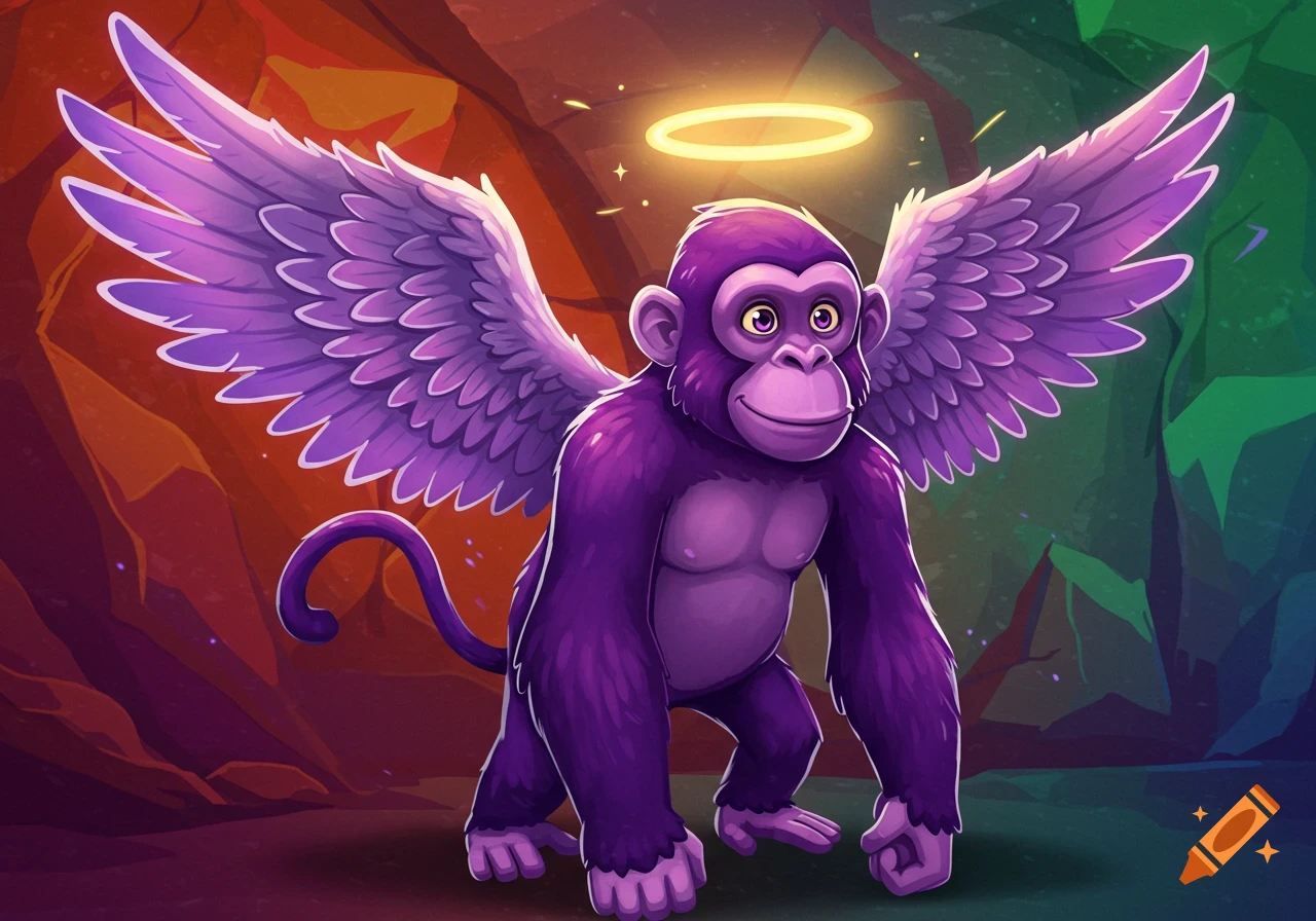 A stylized purple cartoon monkey with large lavender angel wings and a glowing gold halo above its head stands in a colorful cave.