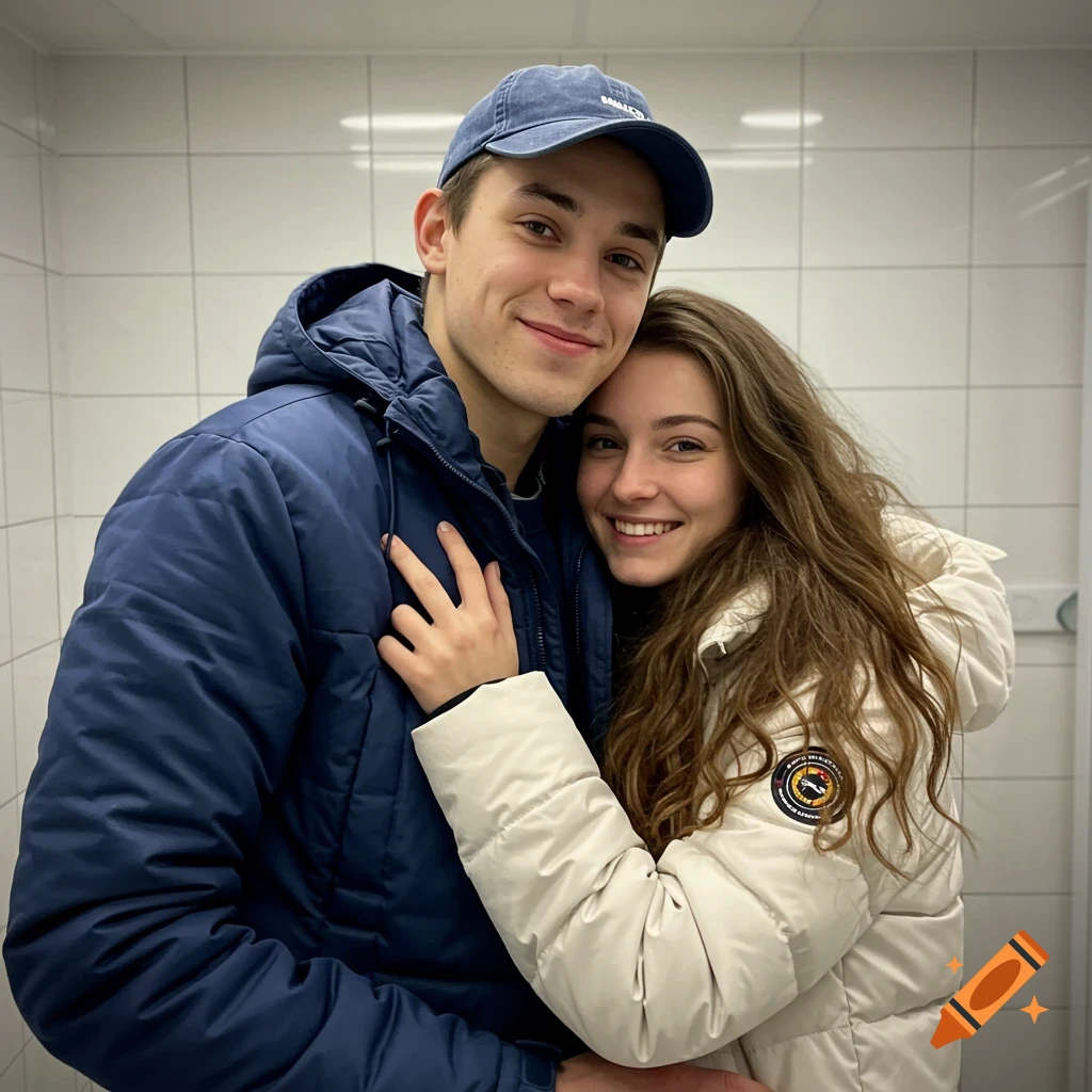 Photorealistic image of a smiling young man in a blue cap and jacket hugging a woman with long brown hair in a white winter jacket in a tiled room.