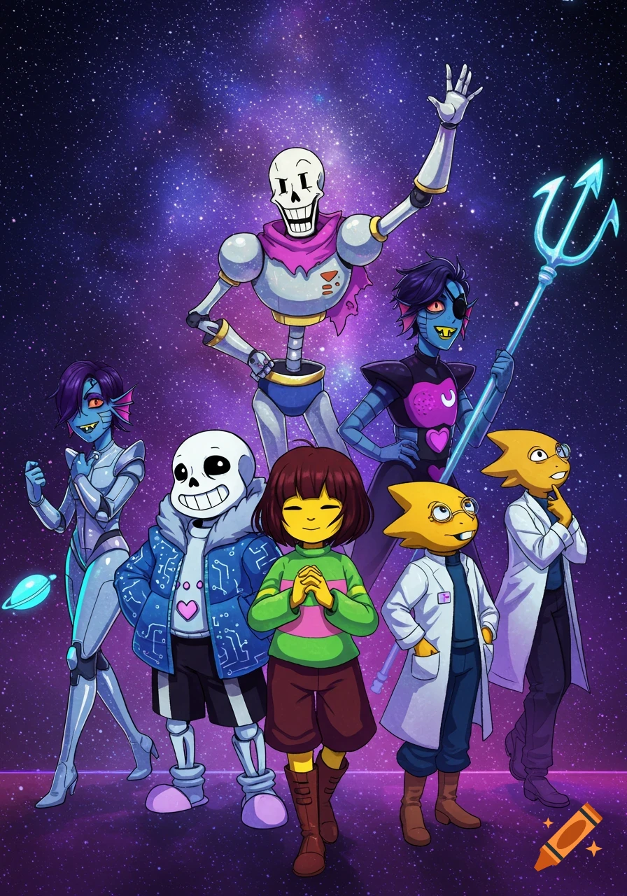 Undertale characters Frisk, Chara, Sans, Papyrus, Mettaton, Undyne, and Alphys pose in a cartoon style against a starry cosmic background.