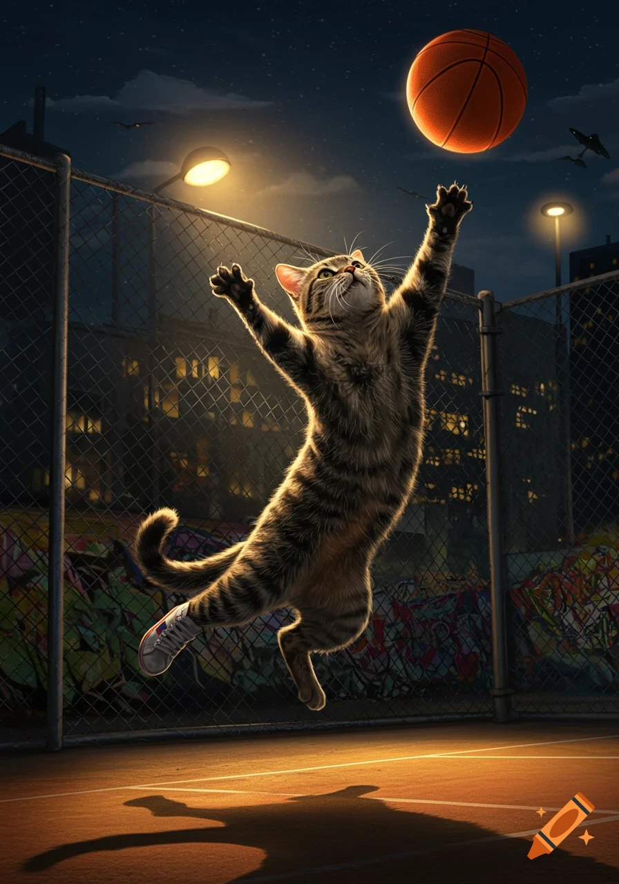 A tabby cat leaps to catch a basketball on an urban court at night, lit by streetlights.