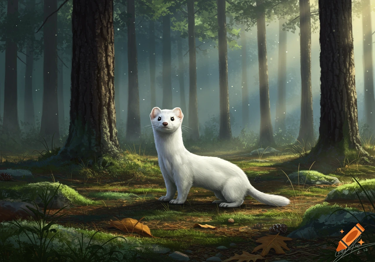 A fluffy white ermine stands in a sun-dappled forest, surrounded by tall trees and lush green moss. Illustrative style.