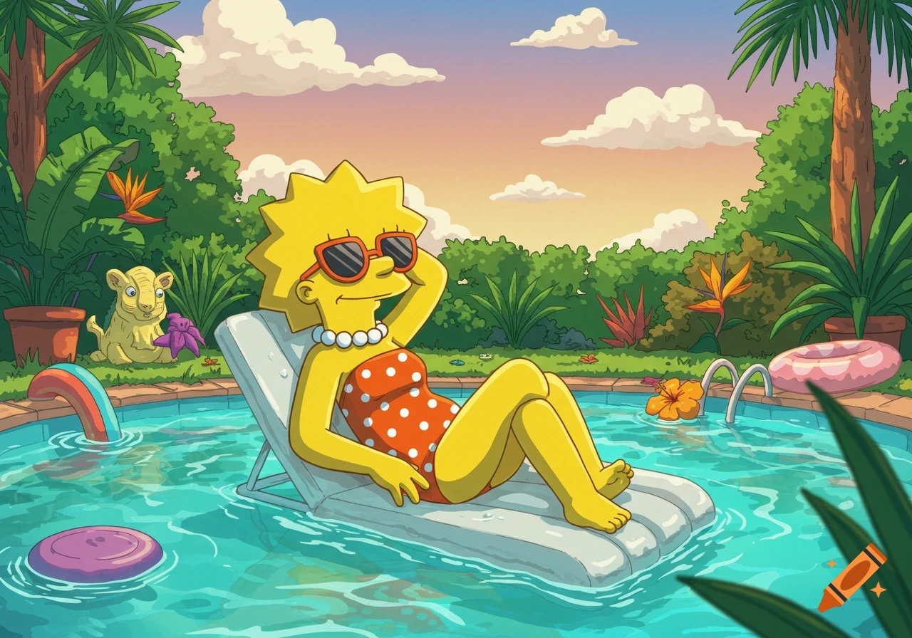 Lisa Simpson in a red swimsuit and sunglasses relaxing on a float in a tropical pool, cartoon style.