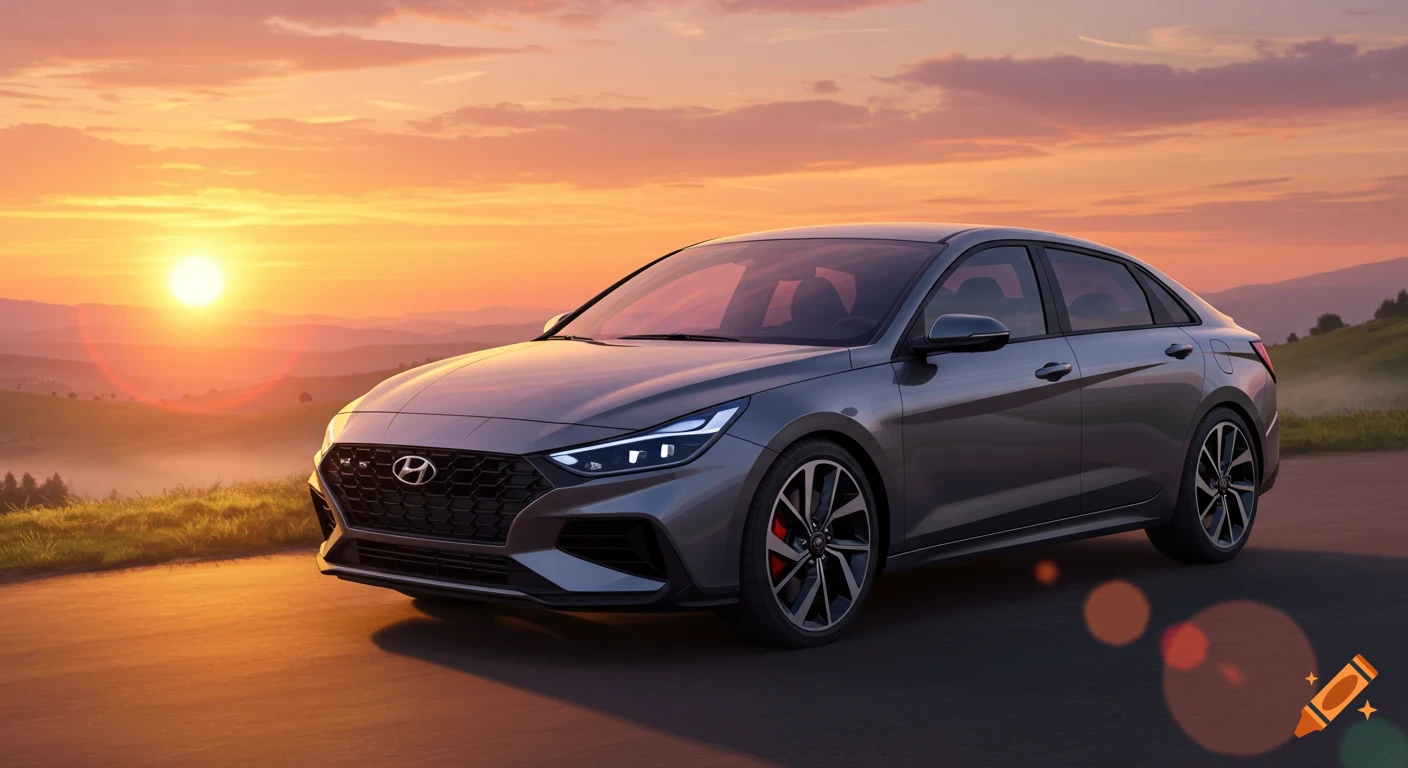 A photorealistic gray Hyundai Elantra N car is parked on a road, with a vibrant orange and pink sunset over hills in the background.