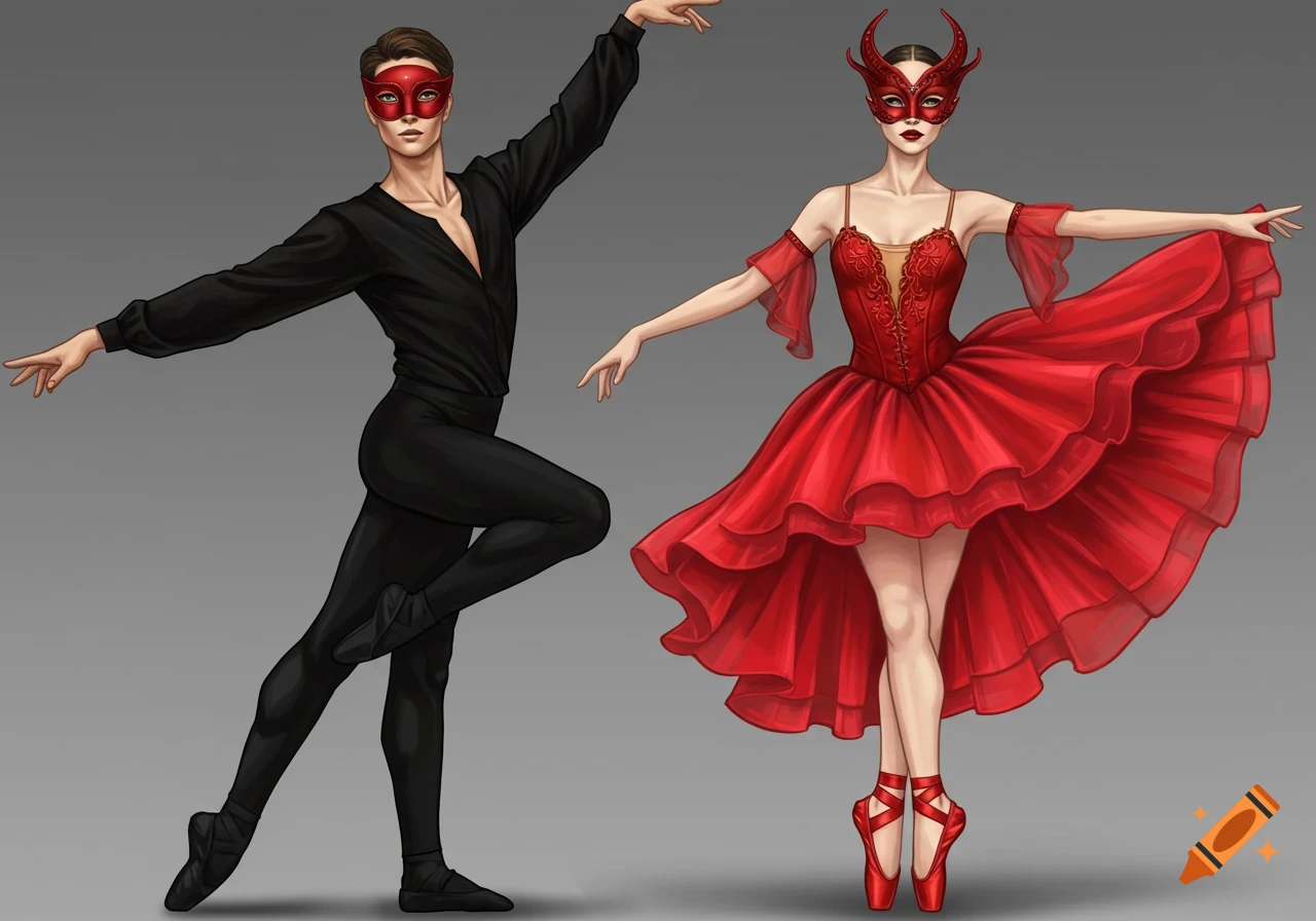 Illustrated ballet dancers: male in black with red mask, female in red dress and horned red mask, both posing dynamically.