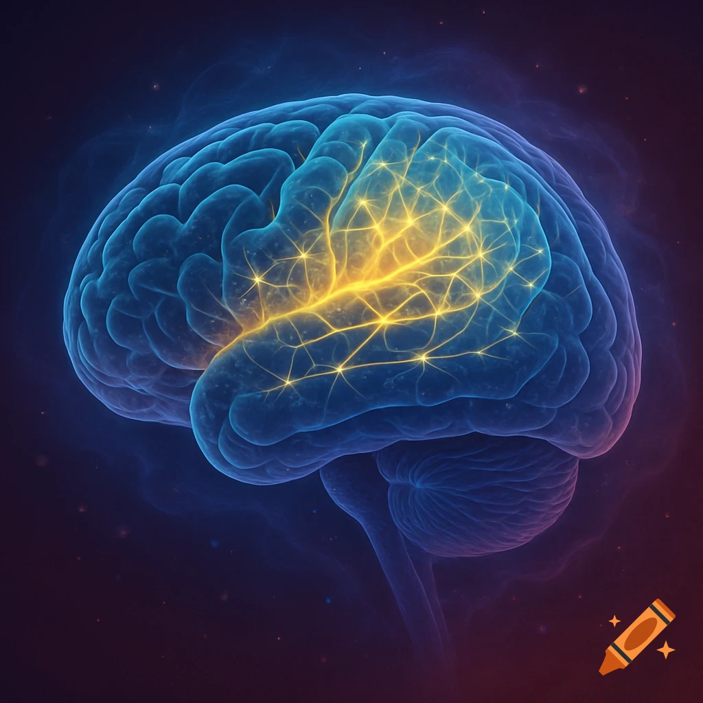 A glowing, translucent blue human brain with bright yellow neural connections on a dark background.