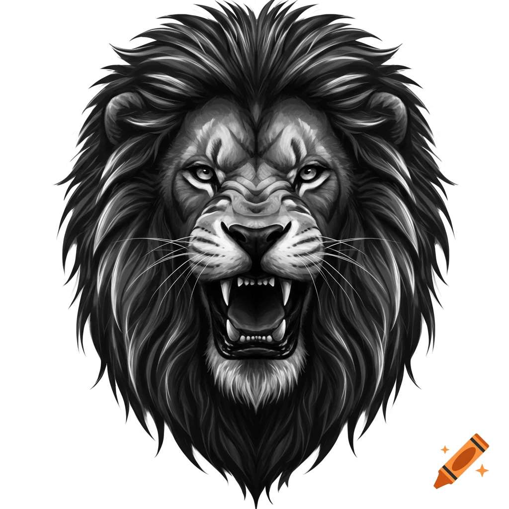 A detailed black and white illustration of a roaring lion's head, facing forward, with an open mouth and sharp teeth.