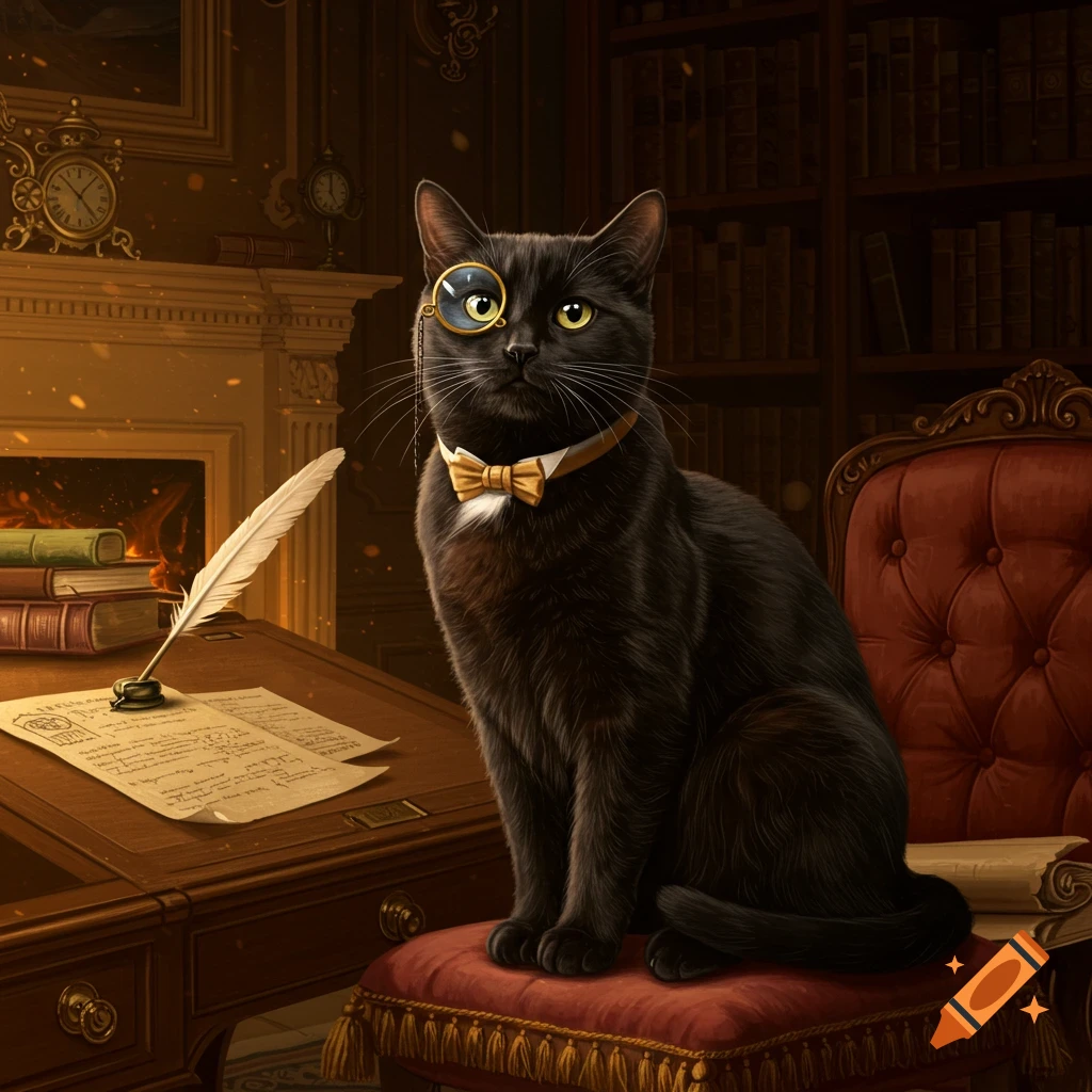 A sophisticated black cat with a monocle and bow tie sits on a red chair at a wooden desk in a dimly lit library.