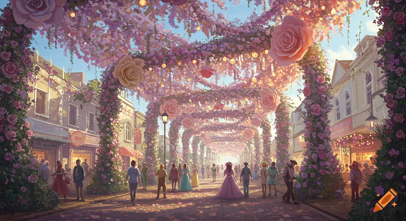 A whimsical festival street scene in a town, adorned with pink flower archways, hanging flowers, string lights, and giant roses. People stroll along the sunlit street.
