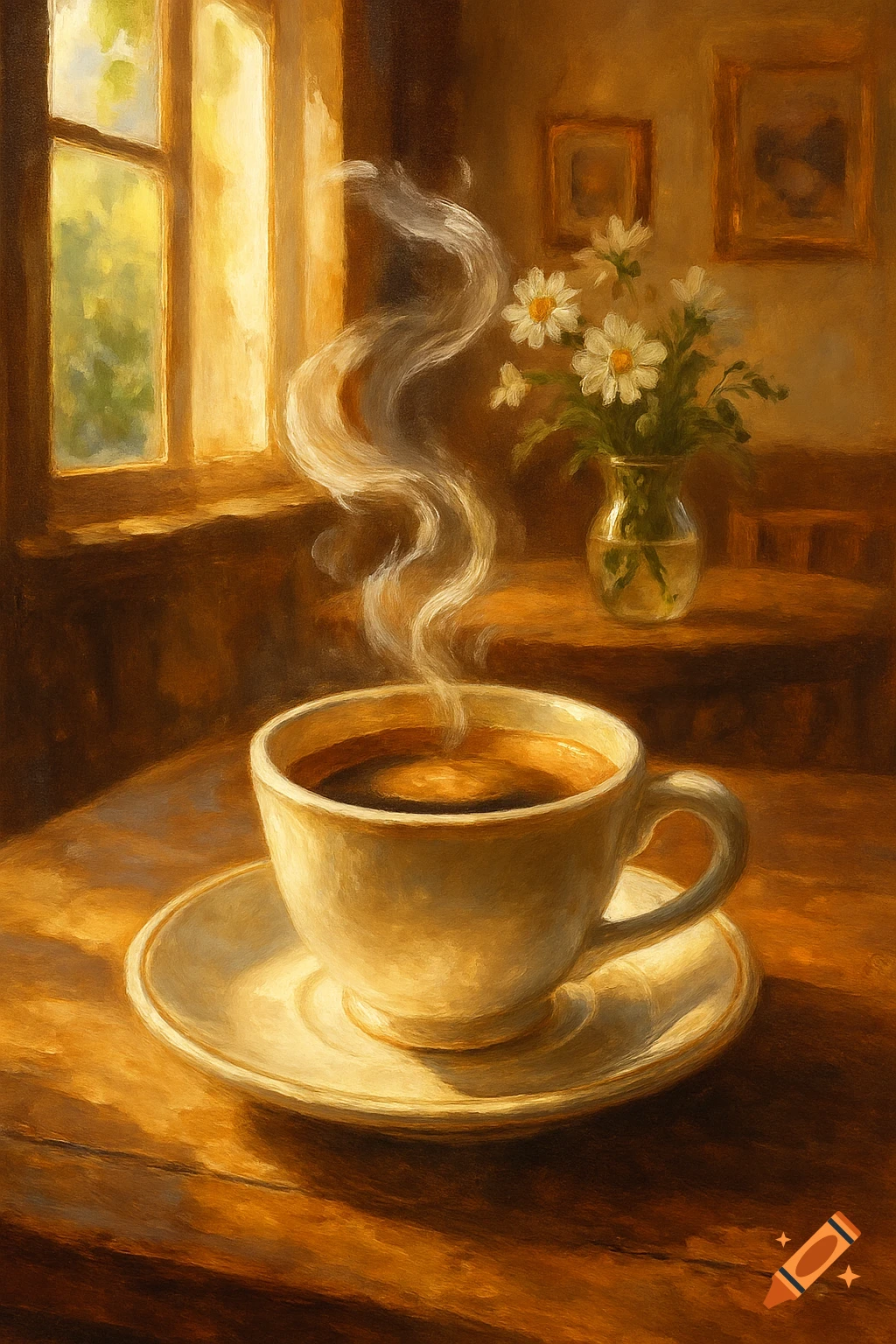 Steaming cup of coffee on a sunlit wooden table next to a window and a vase of daisies, in a warm painterly style.