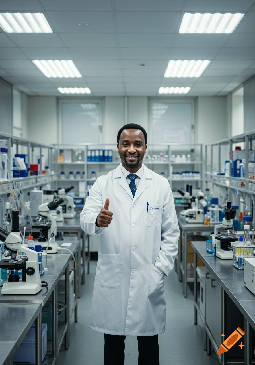 A smiling Black male doctor in a white lab coat gives a thumbs up in a modern, well-lit laboratory with microscopes.