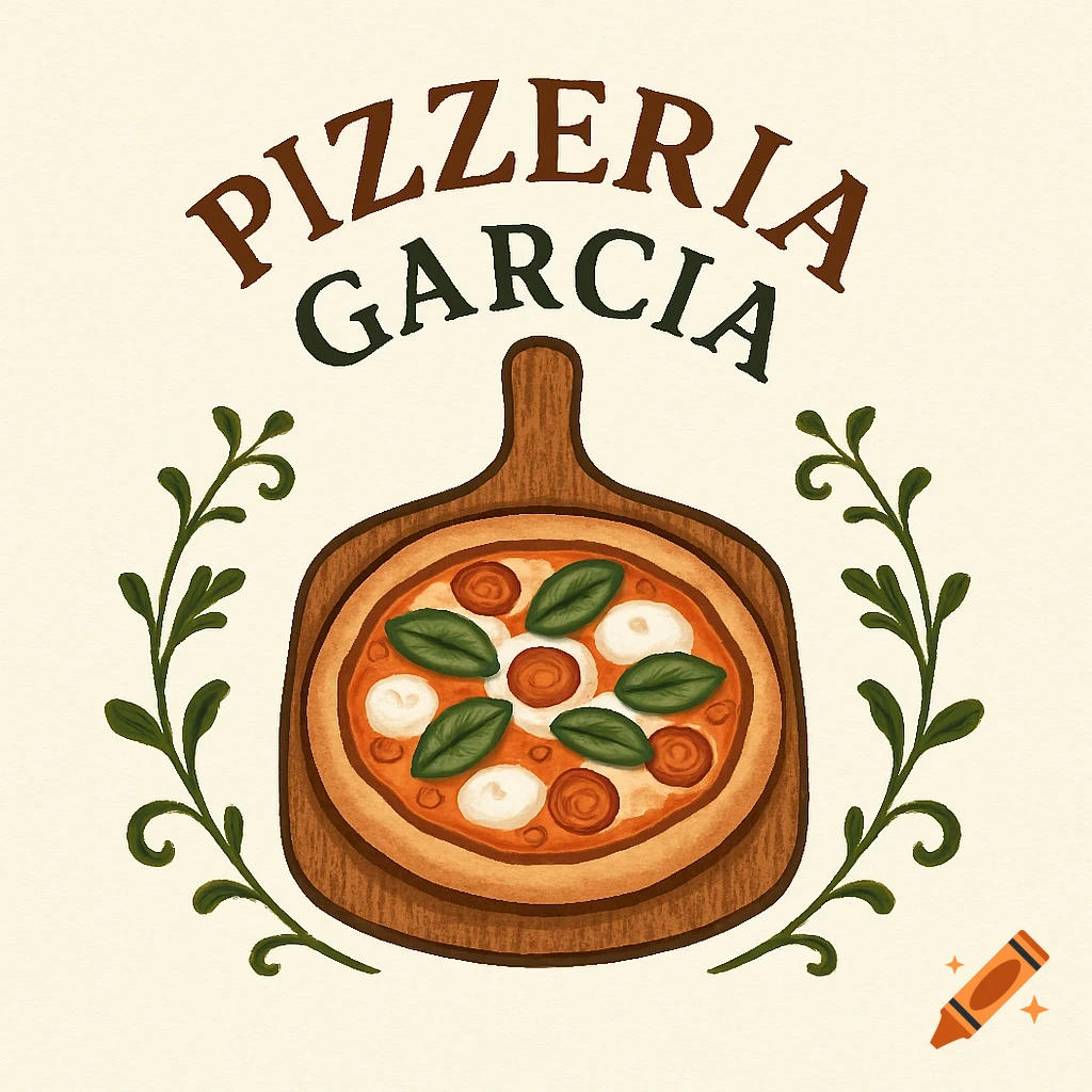 A stylized logo for Pizzeria Garcia featuring a pizza on a wooden peel surrounded by olive branches.