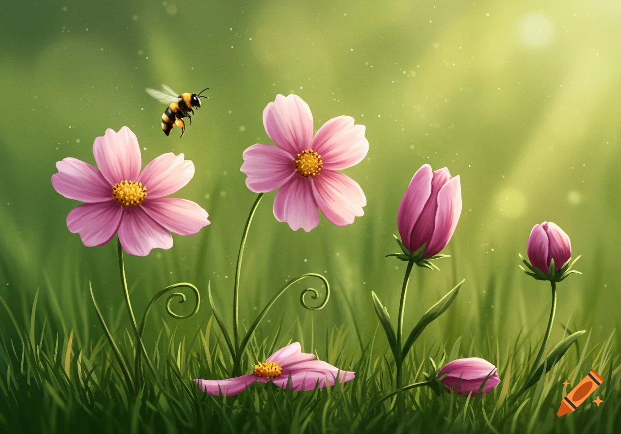 A bee flies over a vibrant green meadow with pink cosmos flowers and unopened pink flower buds, bathed in soft sunlight.